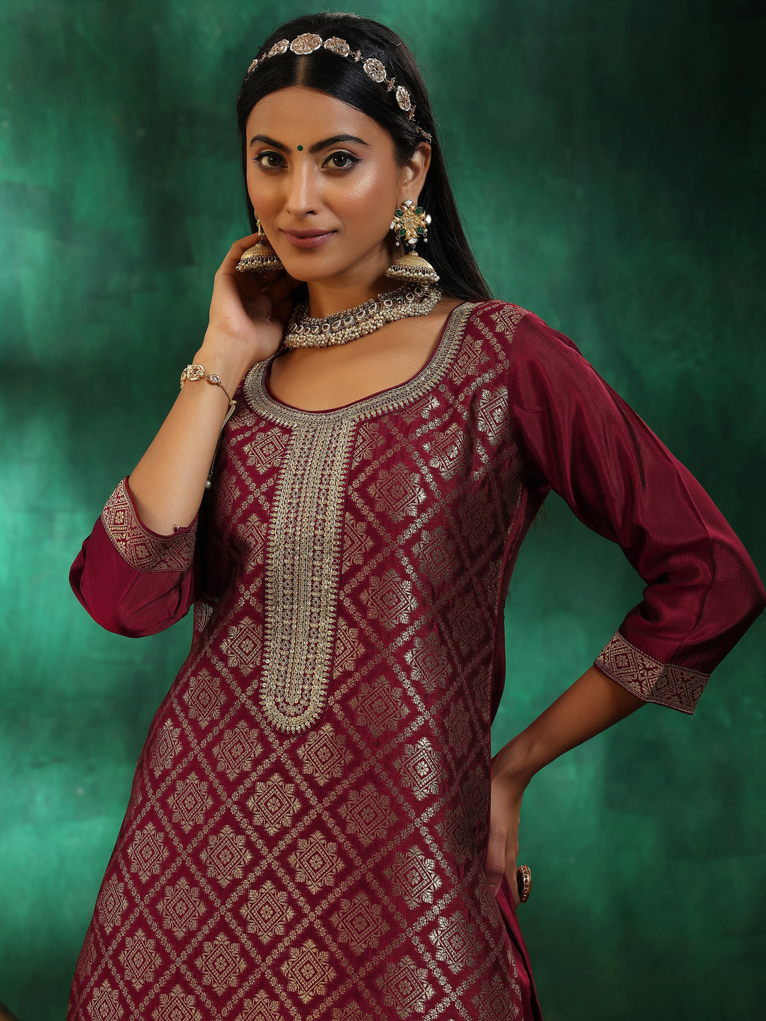 Maroon Woven Design Silk Blend Straight Suit With Dupatta