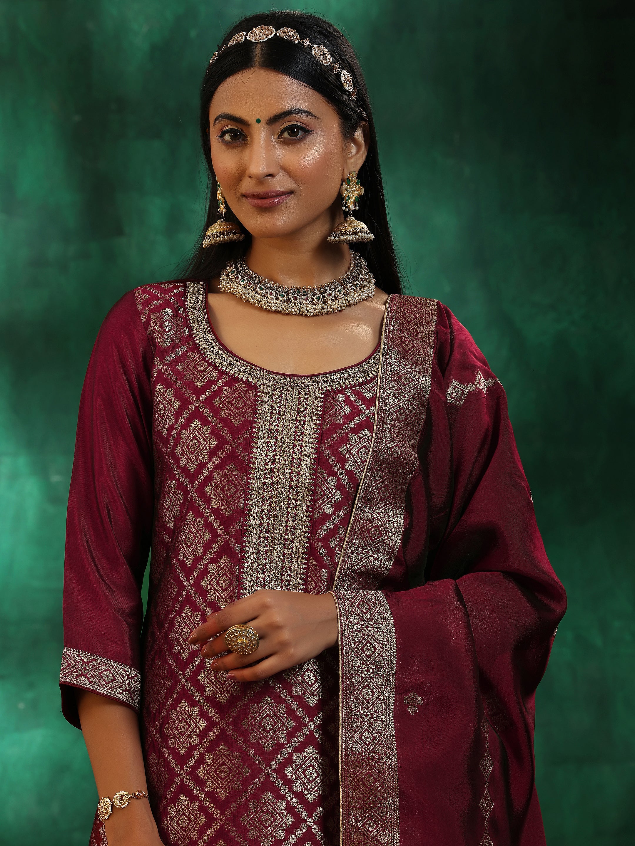 Maroon Woven Design Silk Blend Straight Suit With Dupatta