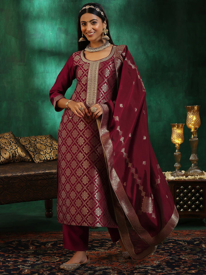 Maroon Woven Design Silk Blend Straight Suit With Dupatta