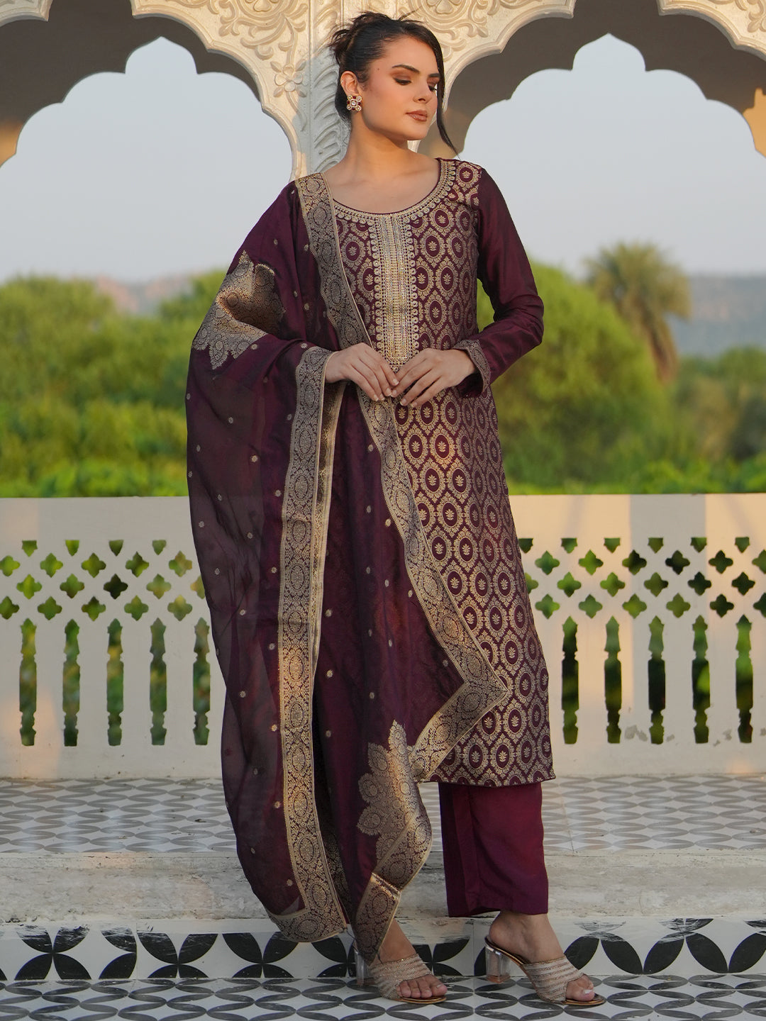 Wine Woven Design Silk Blend Straight Suit With Dupatta