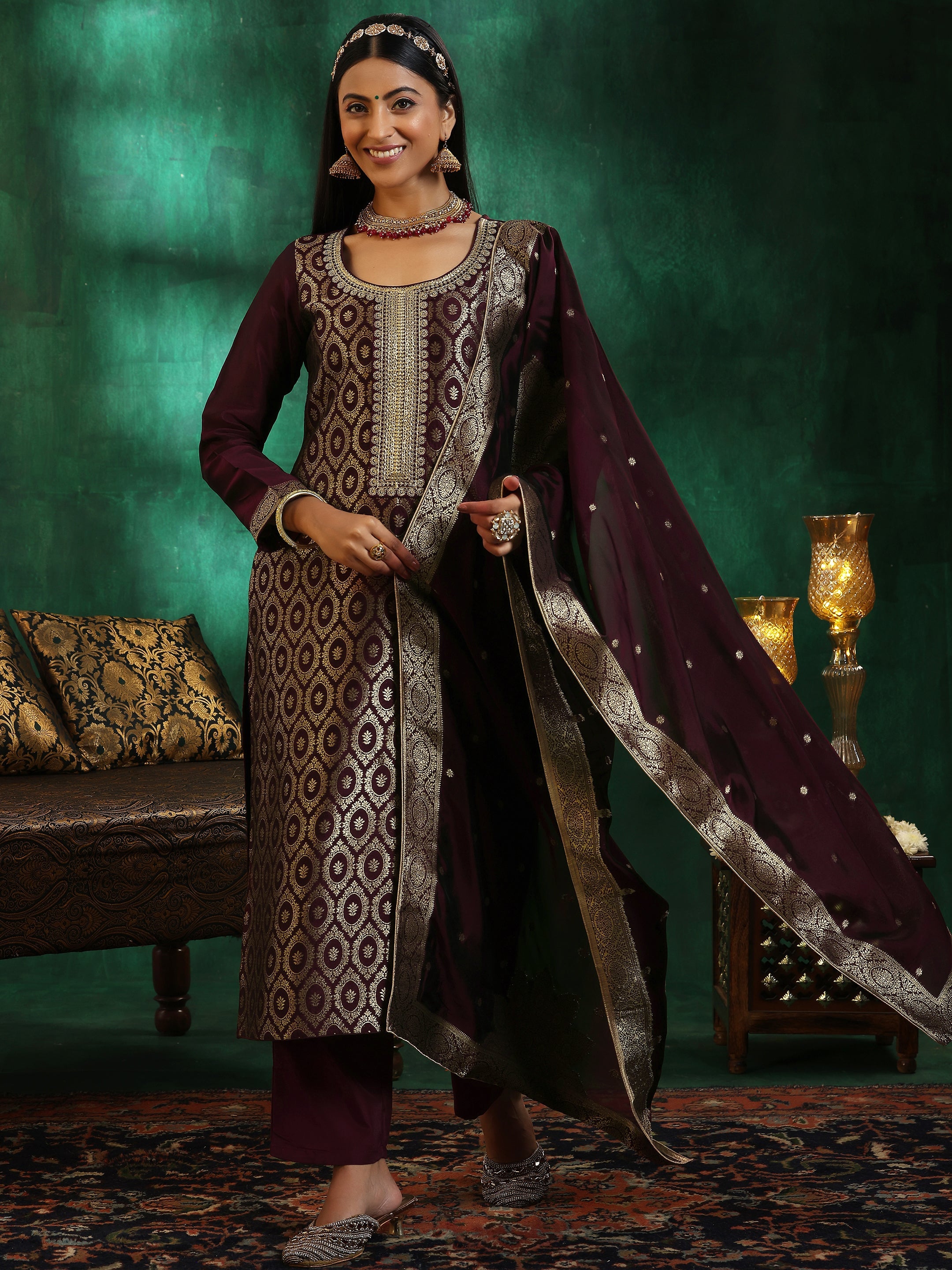 Wine Woven Design Silk Blend Straight Suit With Dupatta