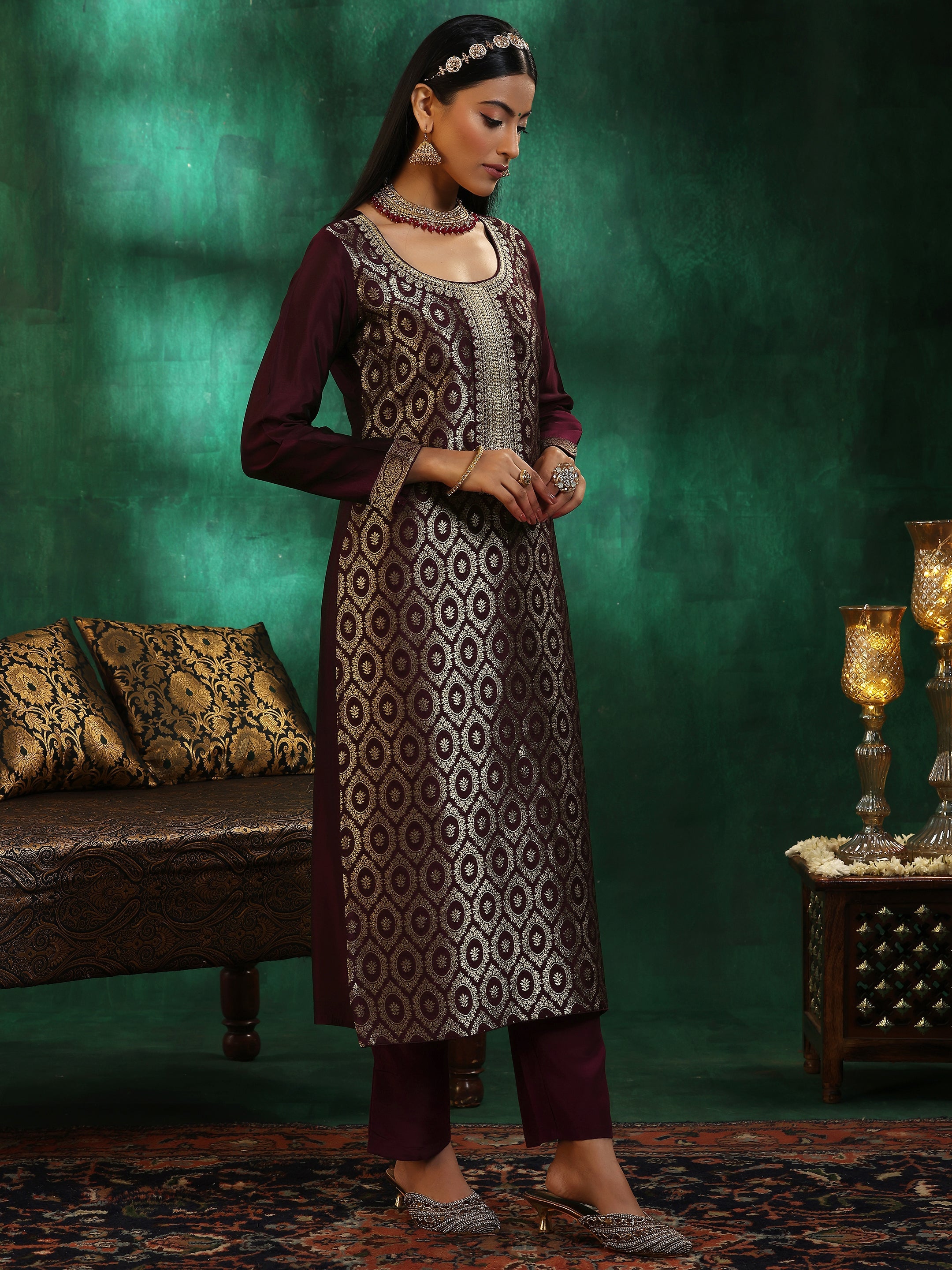 Wine Woven Design Silk Blend Straight Suit With Dupatta