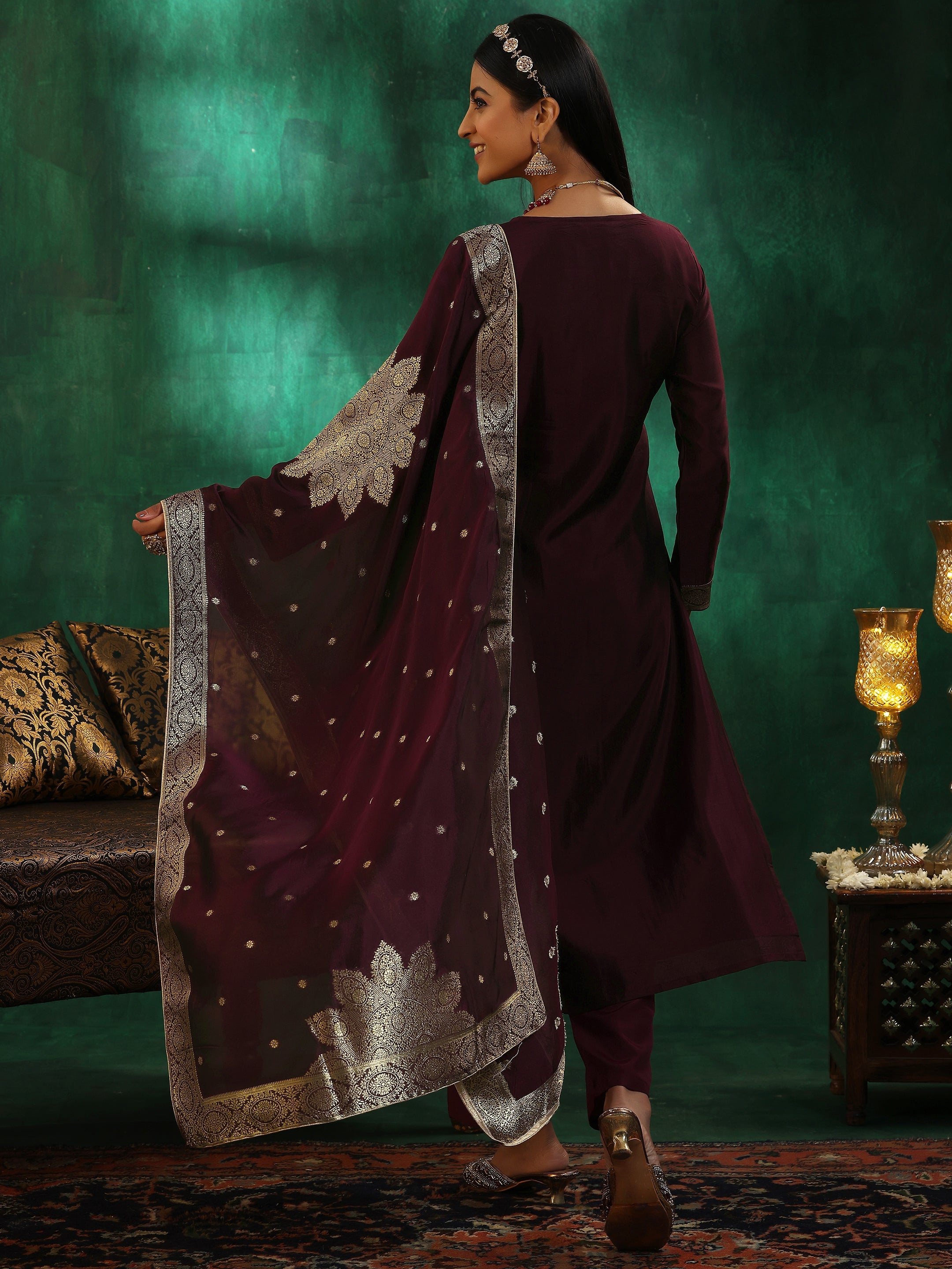 Wine Woven Design Silk Blend Straight Suit With Dupatta