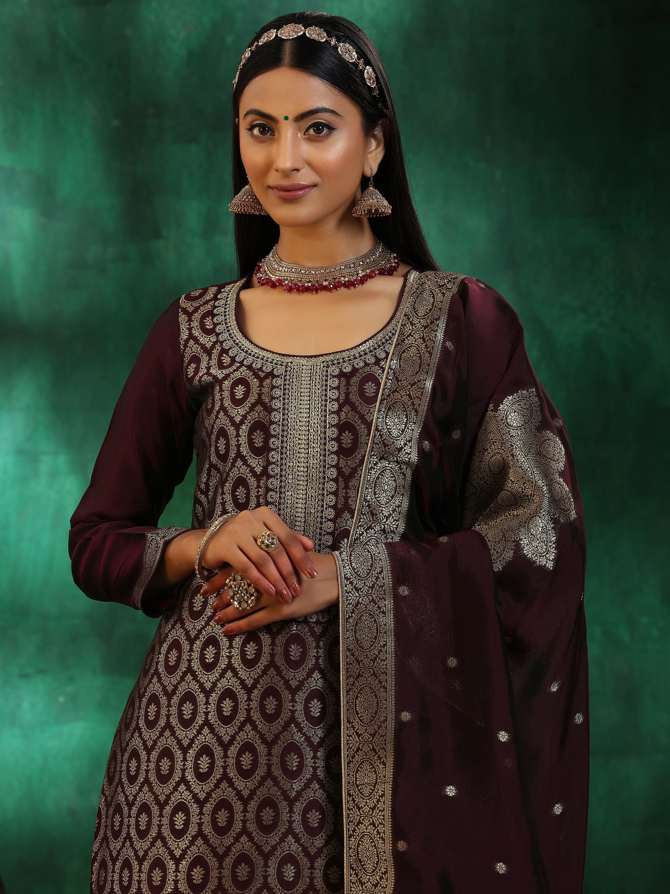 Wine Woven Design Silk Blend Straight Suit With Dupatta