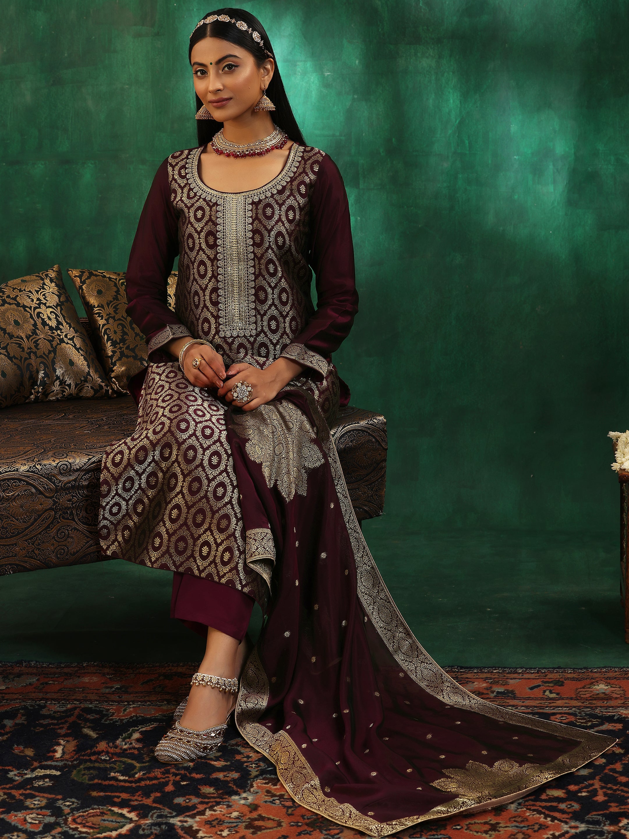 Wine Woven Design Silk Blend Straight Suit With Dupatta