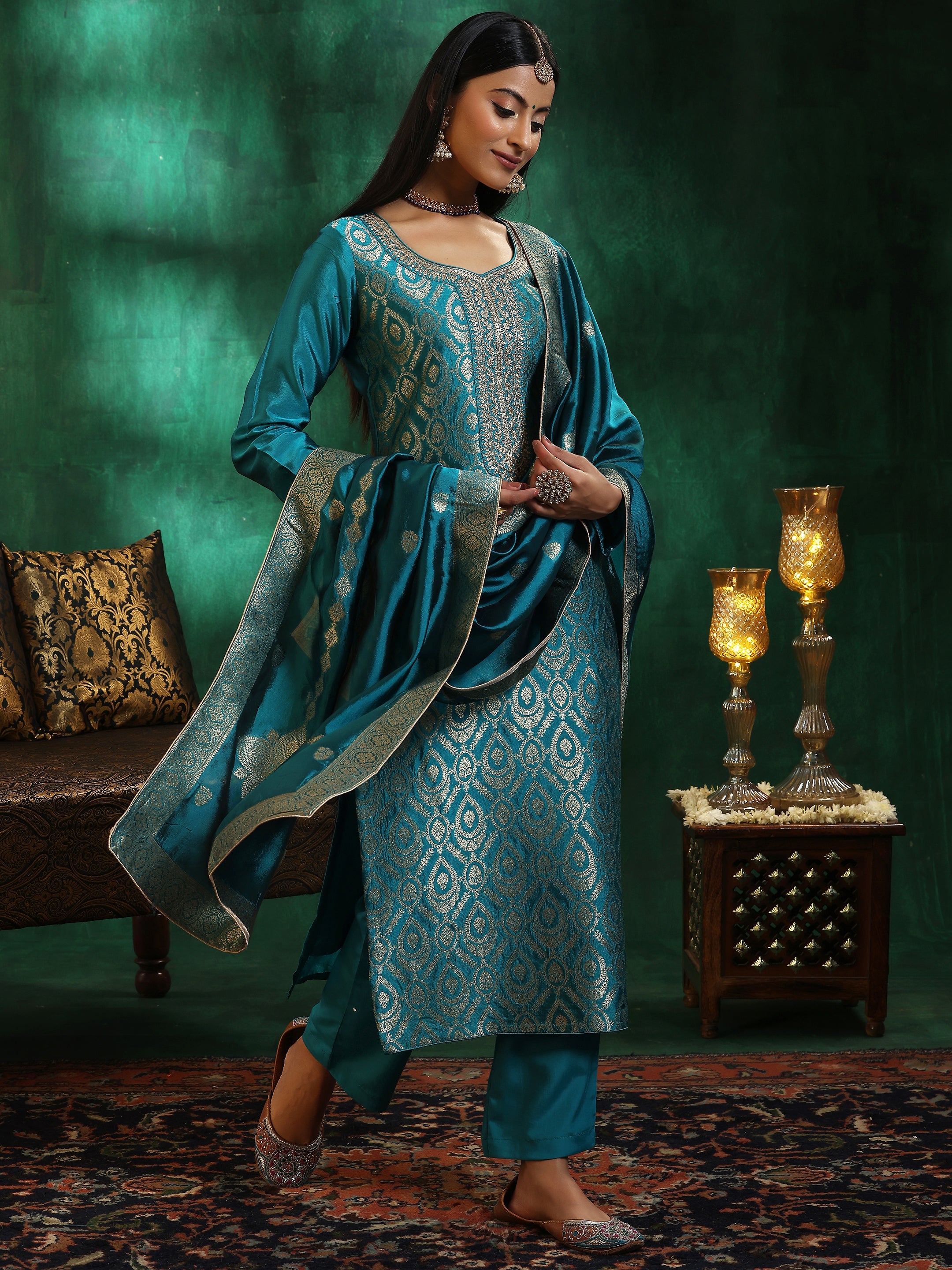 Rama Green Woven Design Silk Blend Straight Suit With Dupatta