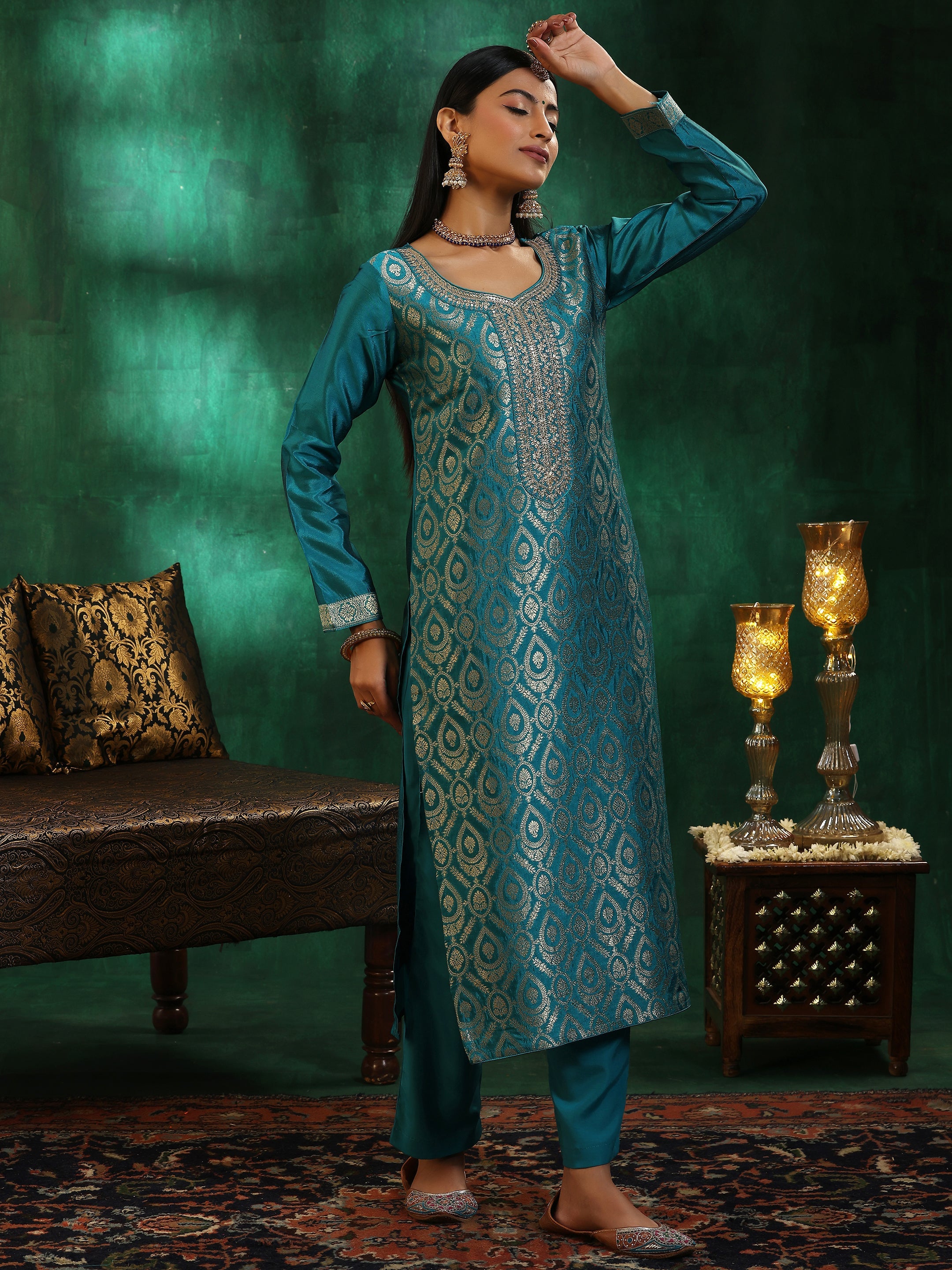 Rama Green Woven Design Silk Blend Straight Suit With Dupatta