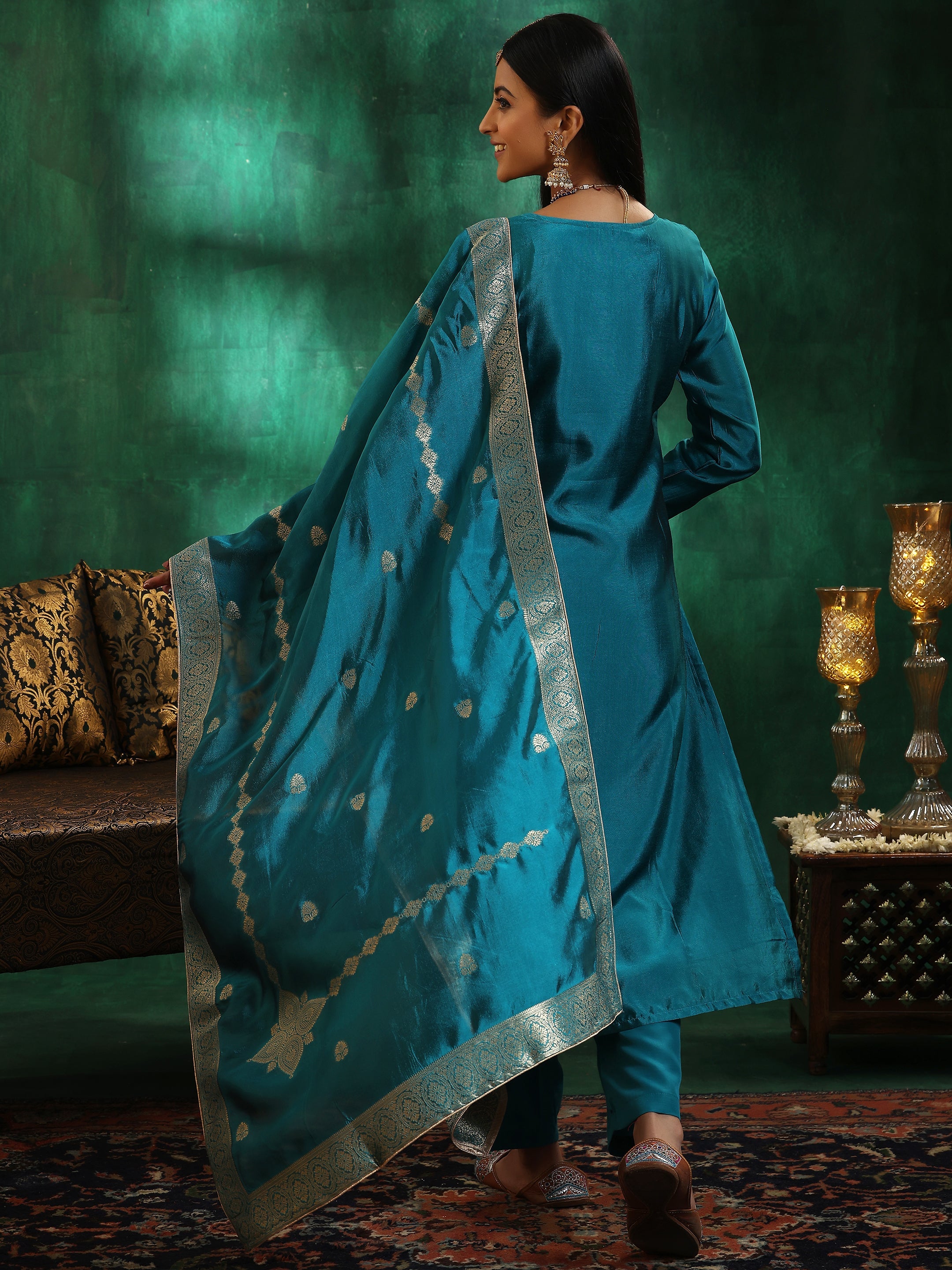 Rama Green Woven Design Silk Blend Straight Suit With Dupatta