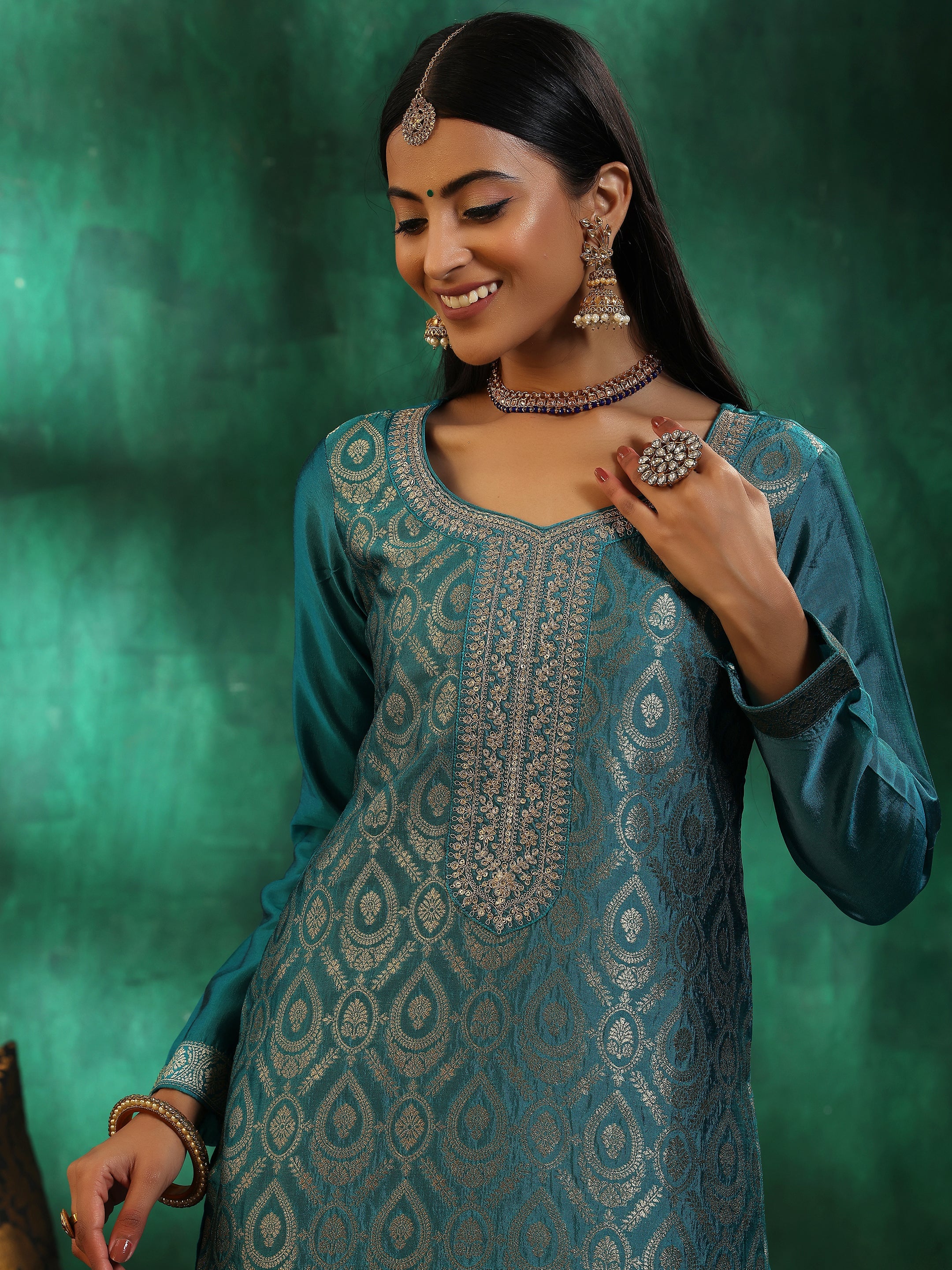 Rama Green Woven Design Silk Blend Straight Suit With Dupatta