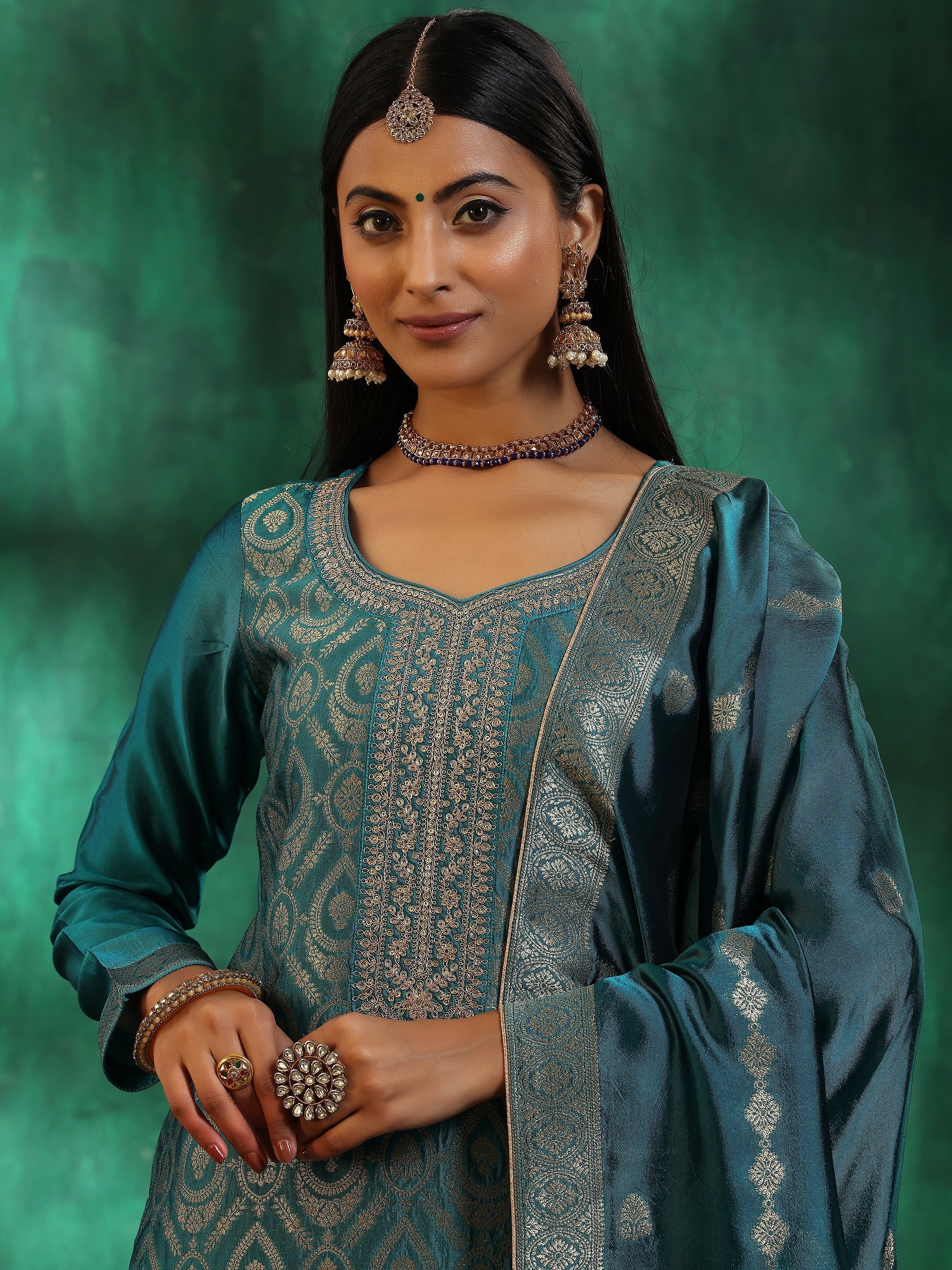 Rama Green Woven Design Silk Blend Straight Suit With Dupatta