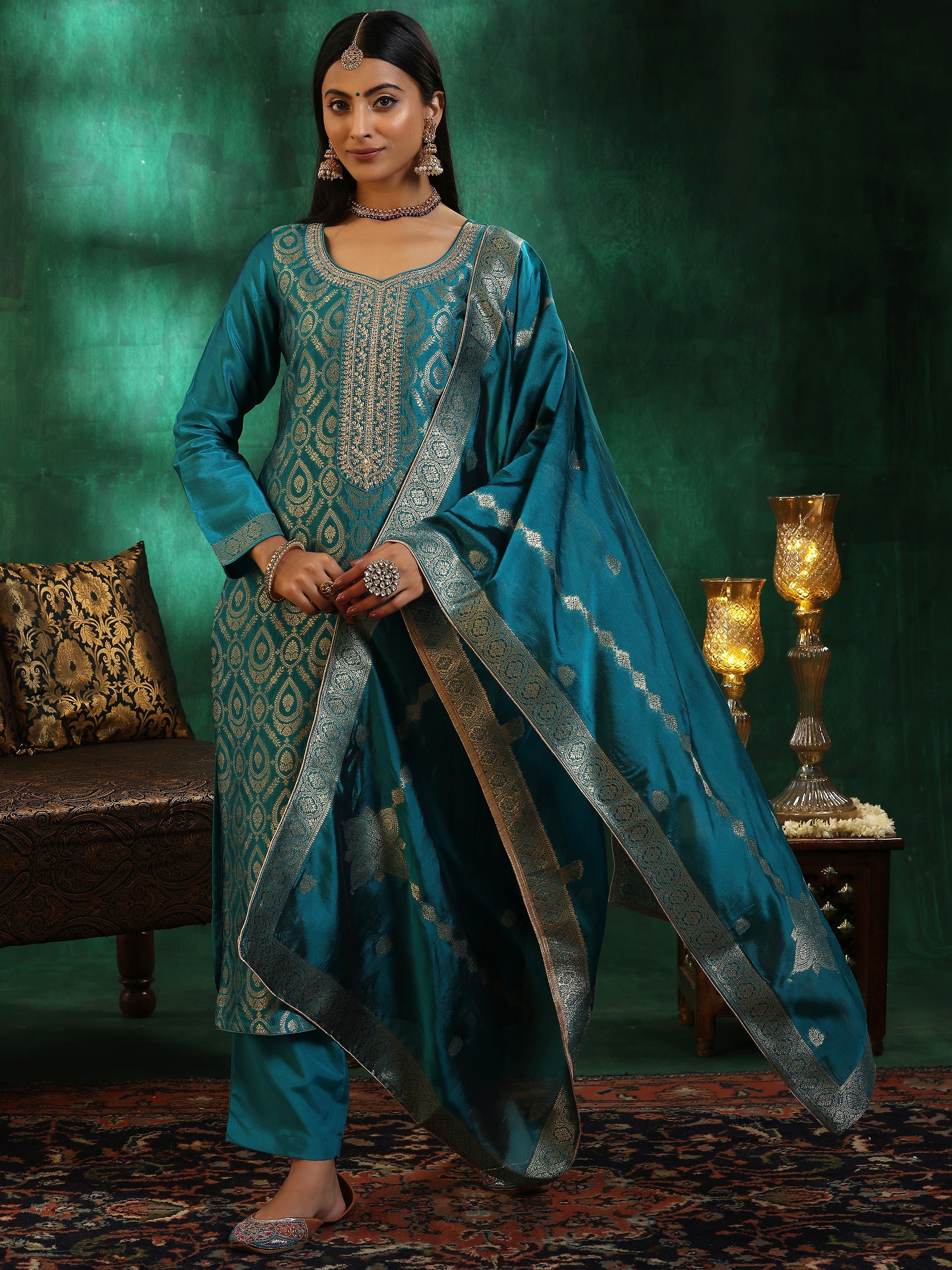 Rama Green Woven Design Silk Blend Straight Suit With Dupatta