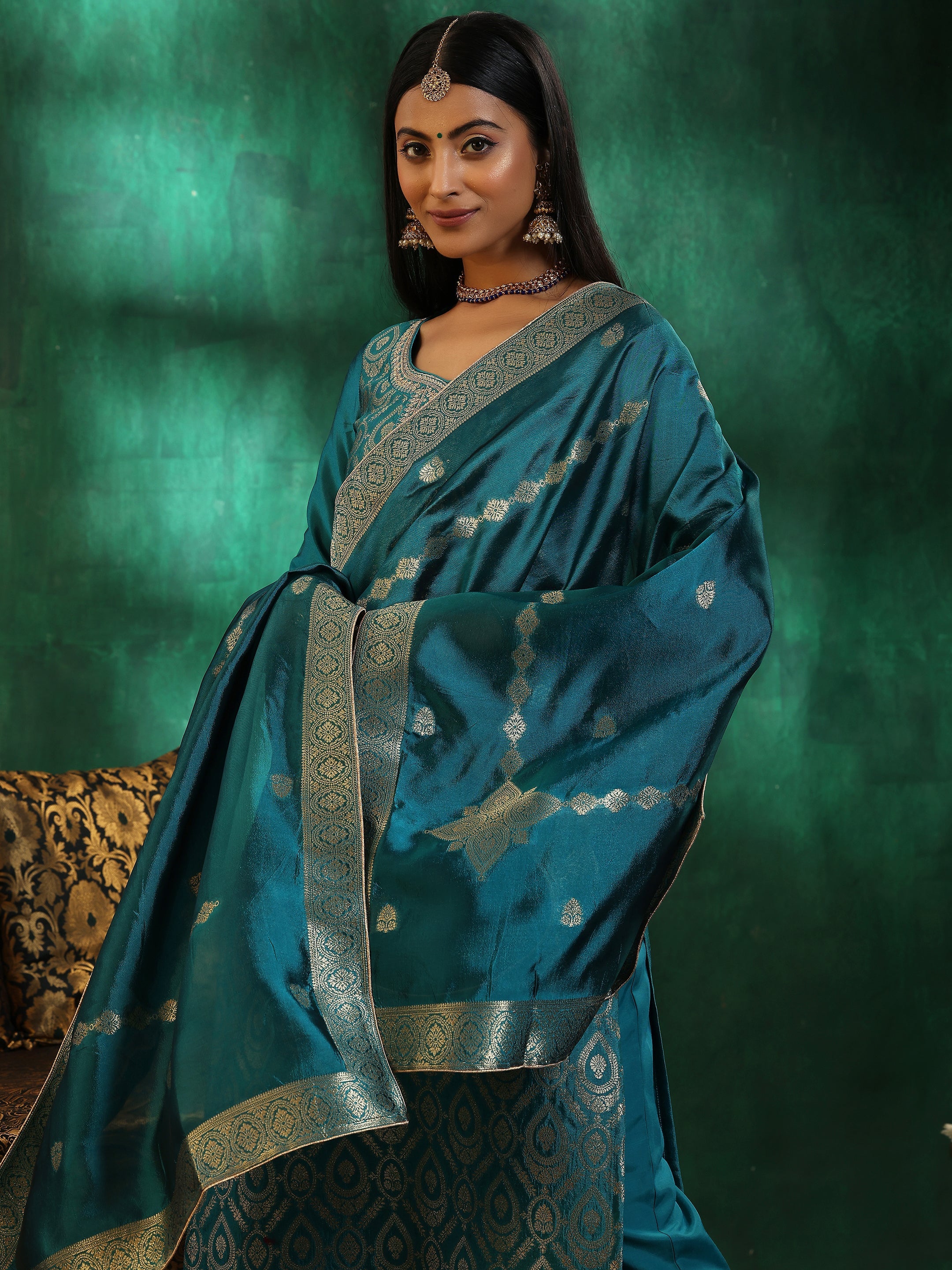 Rama Green Woven Design Silk Blend Straight Suit With Dupatta