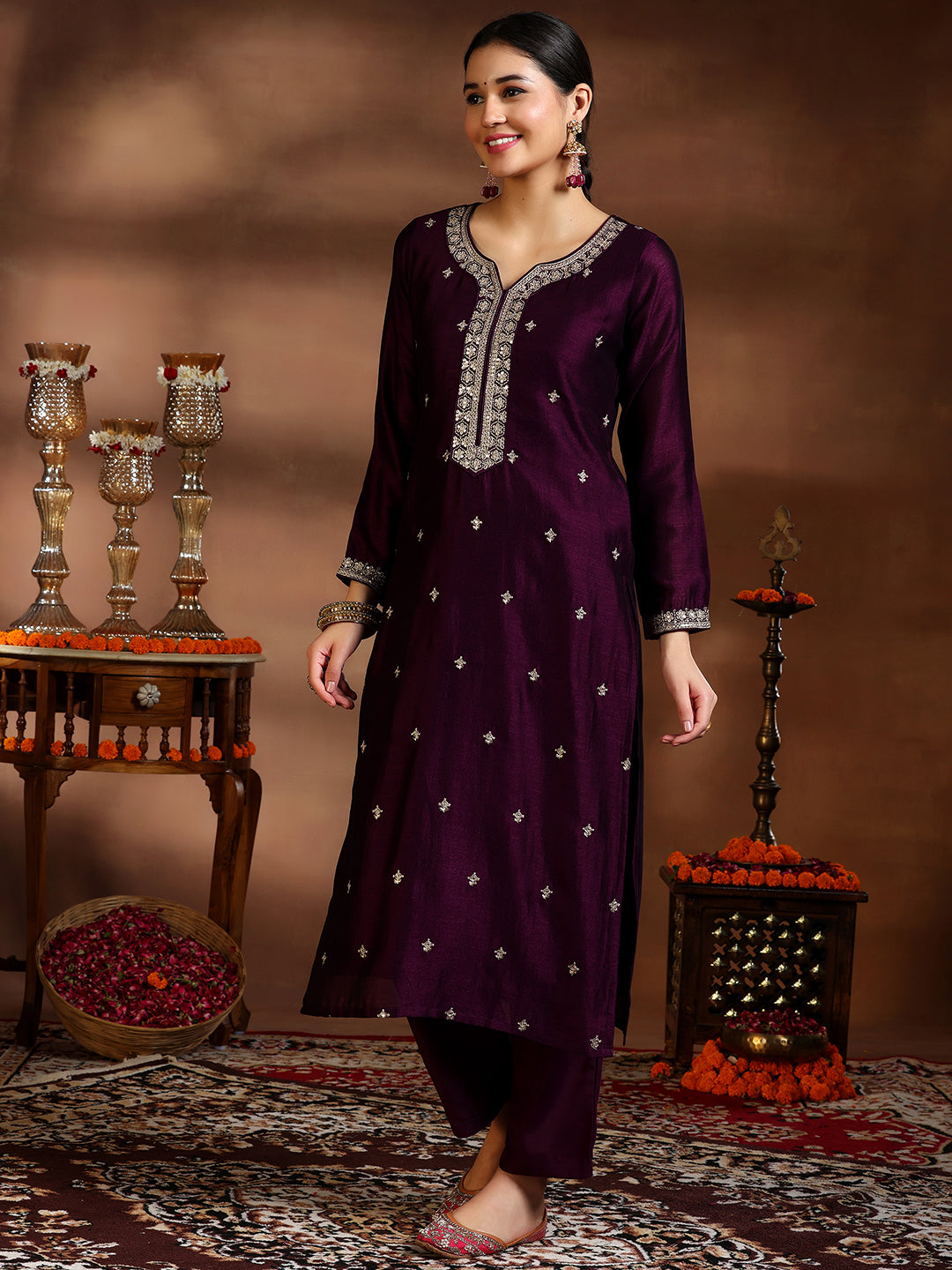 Wine Embroidered Silk Blend Straight Suit With Dupatta