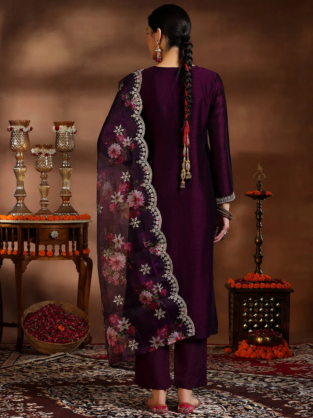 Wine Embroidered Silk Blend Straight Suit With Dupatta