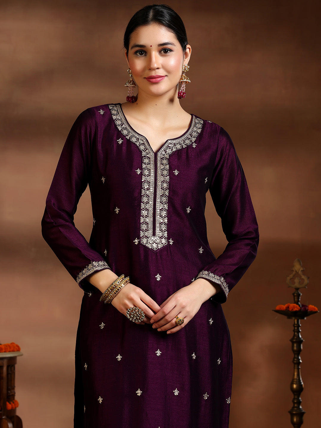 Wine Embroidered Silk Blend Straight Suit With Dupatta