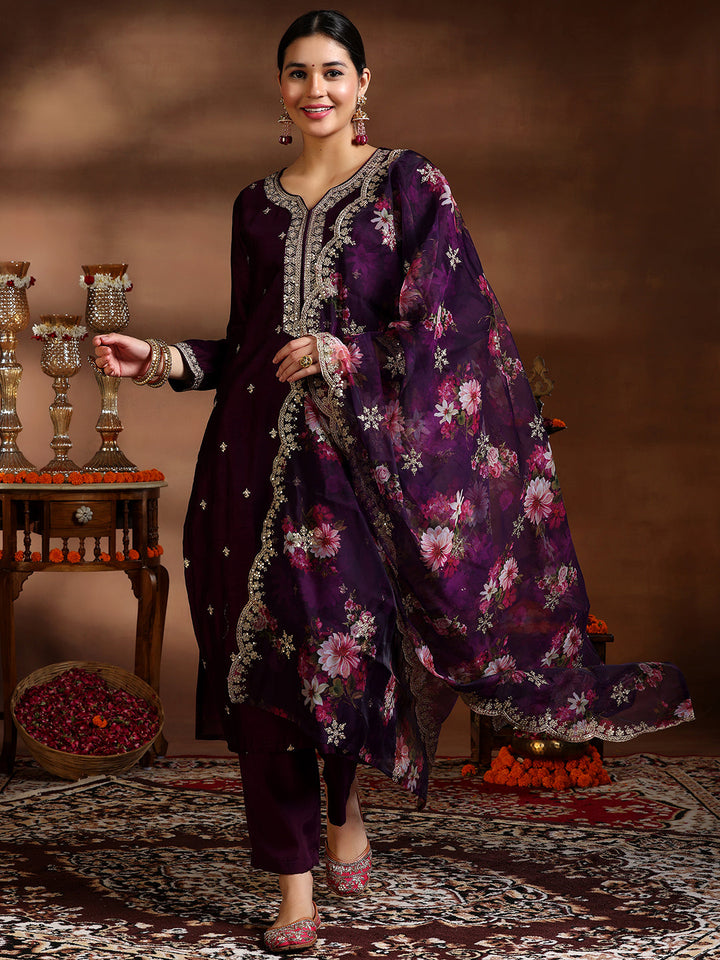 Wine Embroidered Silk Blend Straight Suit With Dupatta