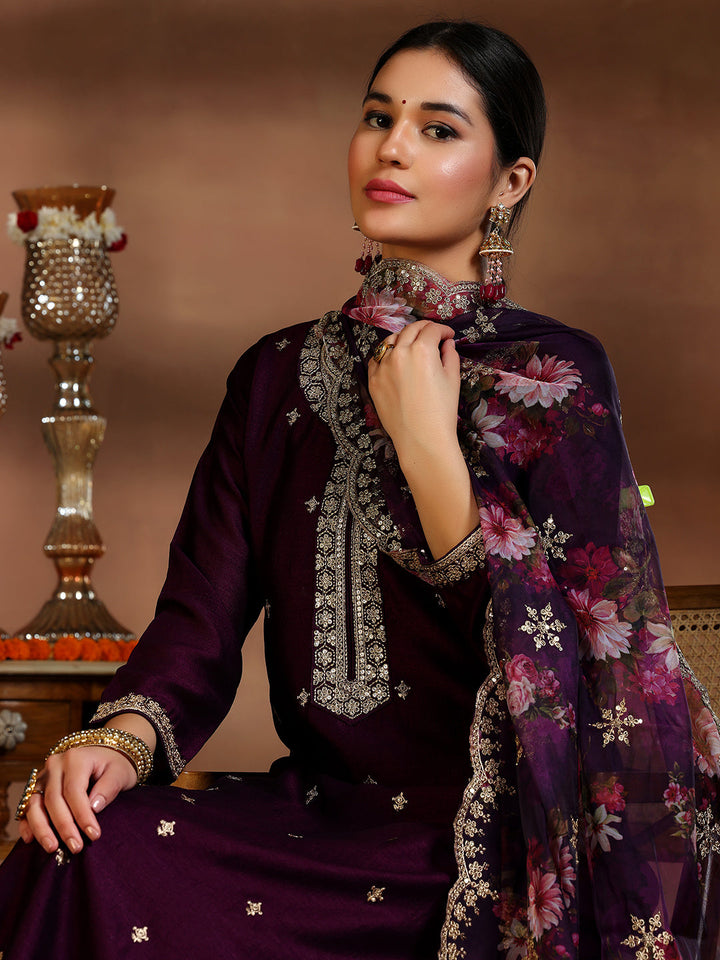 Wine Embroidered Silk Blend Straight Suit With Dupatta