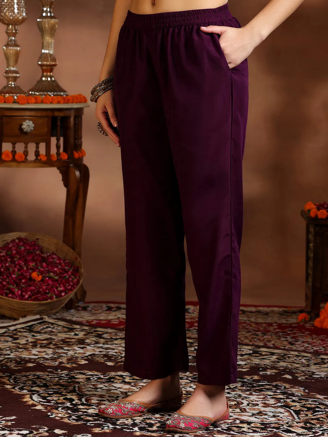 Wine Embroidered Silk Blend Straight Suit With Dupatta