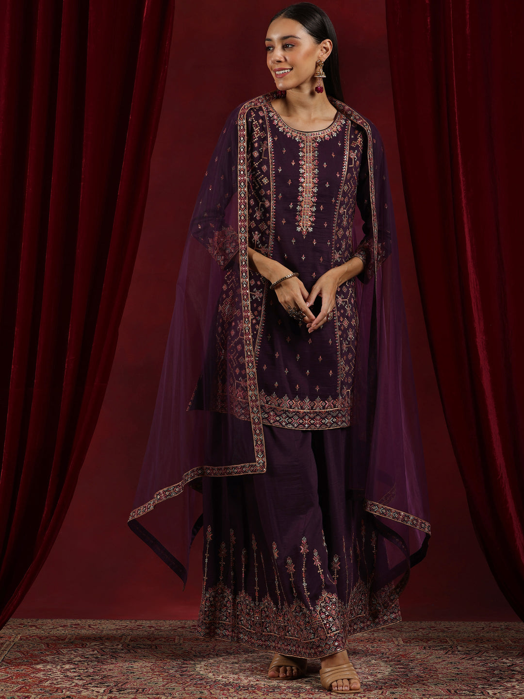 Libas Art Wine Embroidered Silk Blend Straight Suit With Dupatta