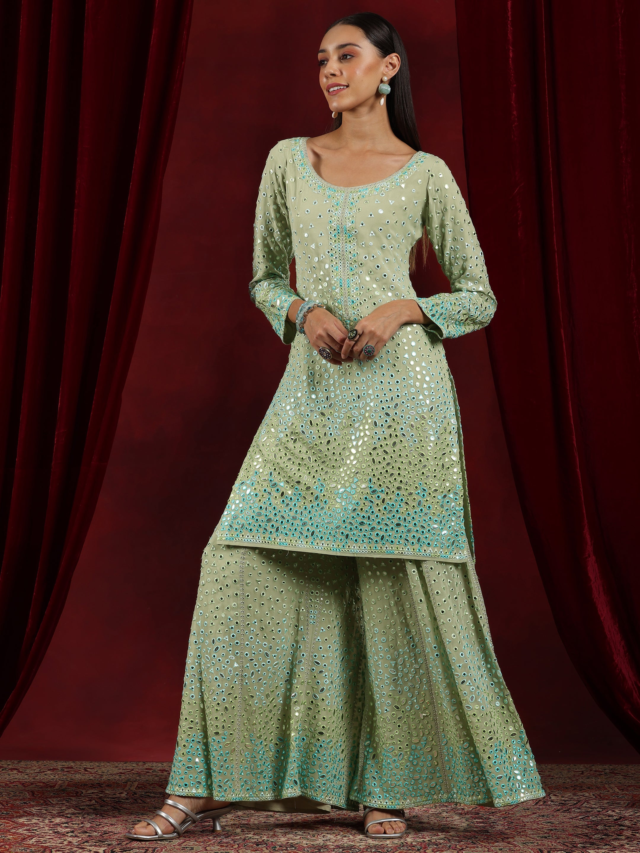 Libas Art Green Embroidered Georgette Straight Suit With Dupatta