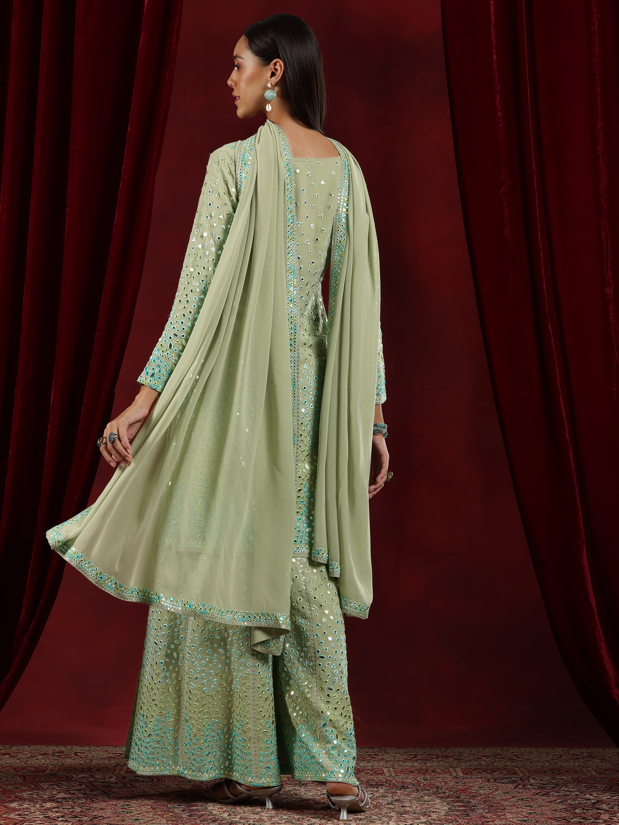 Libas Art Green Embroidered Georgette Straight Suit With Dupatta