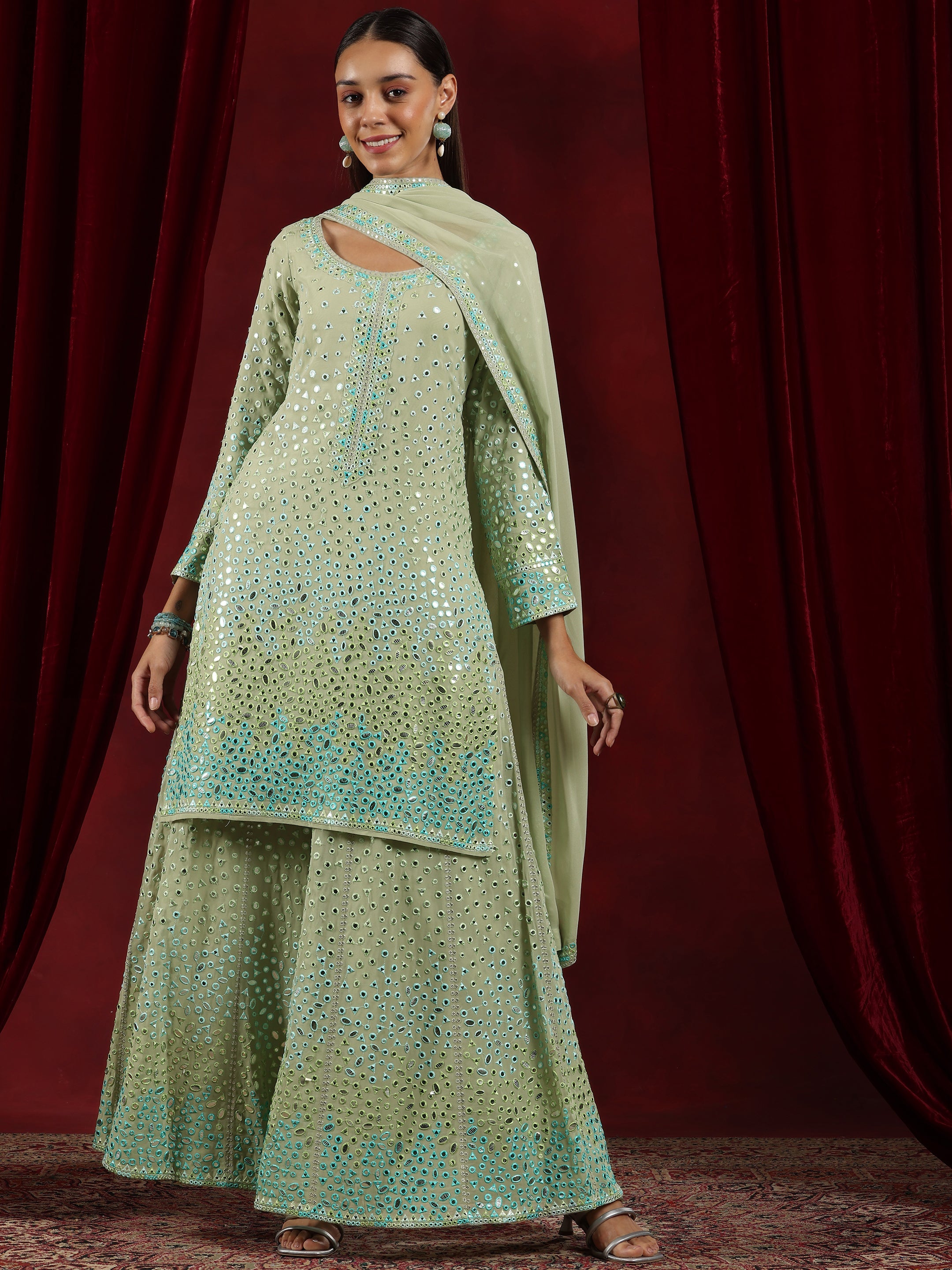 Libas Art Green Embroidered Georgette Straight Suit With Dupatta