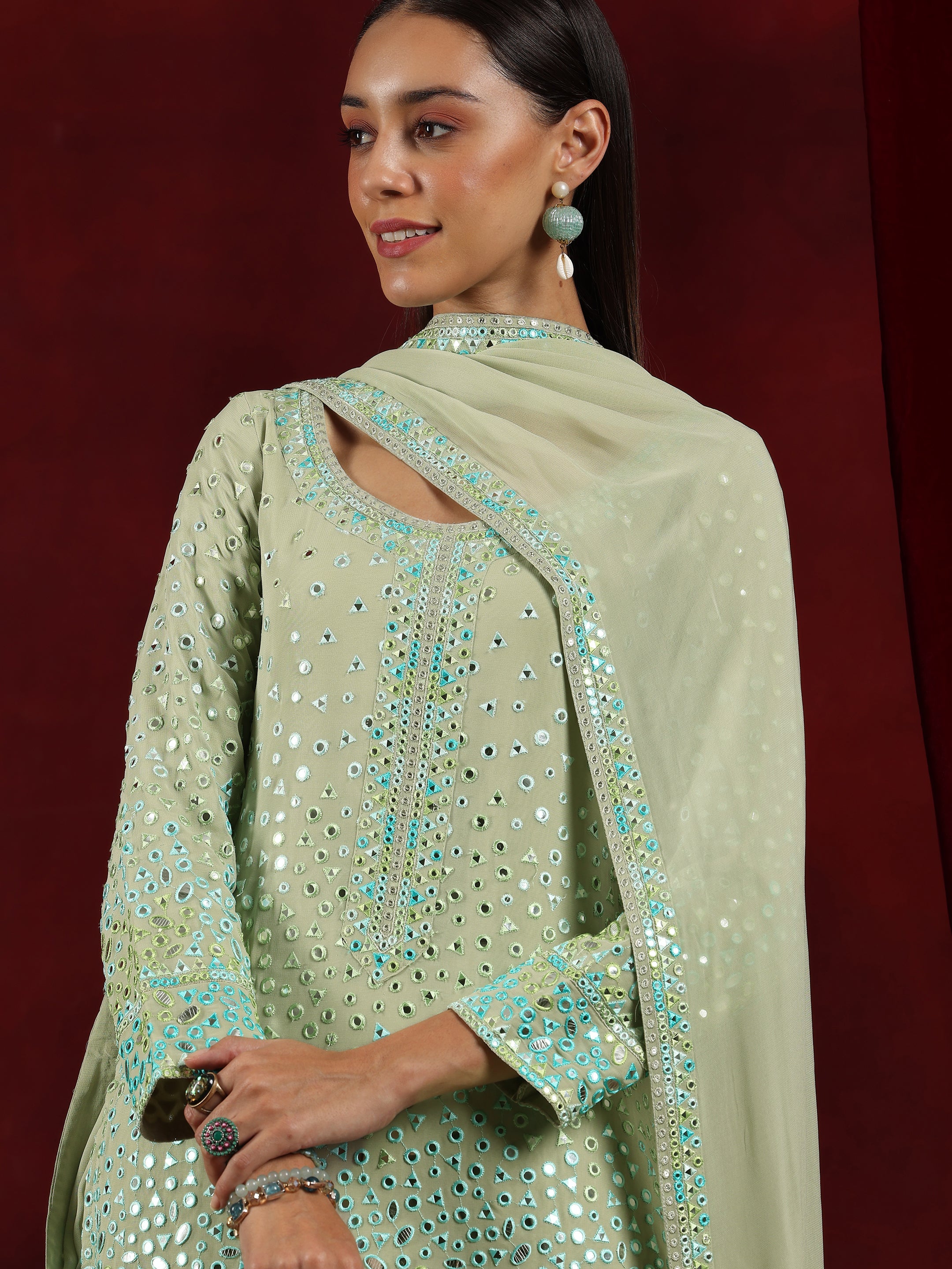 Libas Art Green Embroidered Georgette Straight Suit With Dupatta