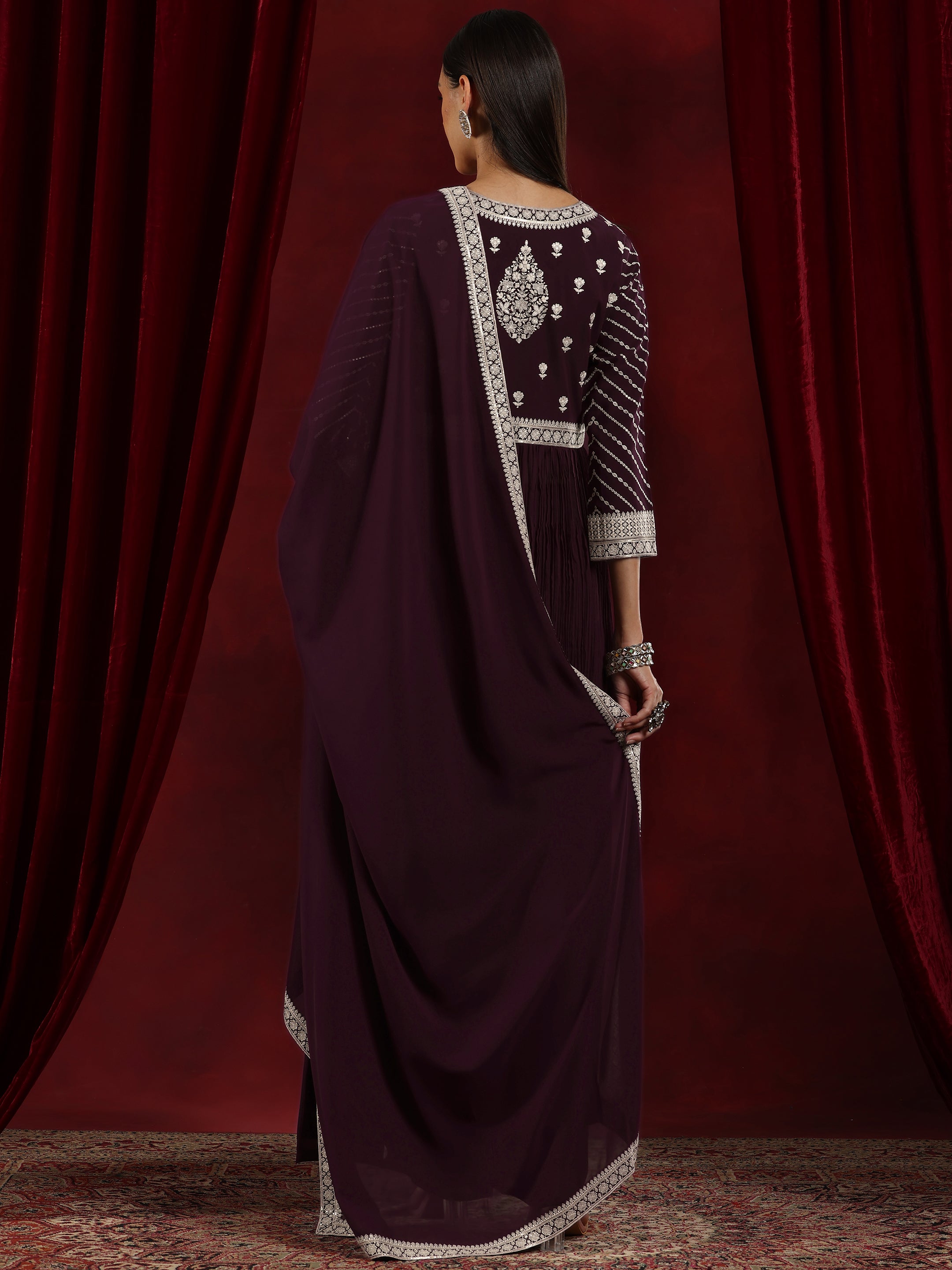 Libas Art Wine Embroidered Georgette A-Line Kurta With Palazzos & Dupatta