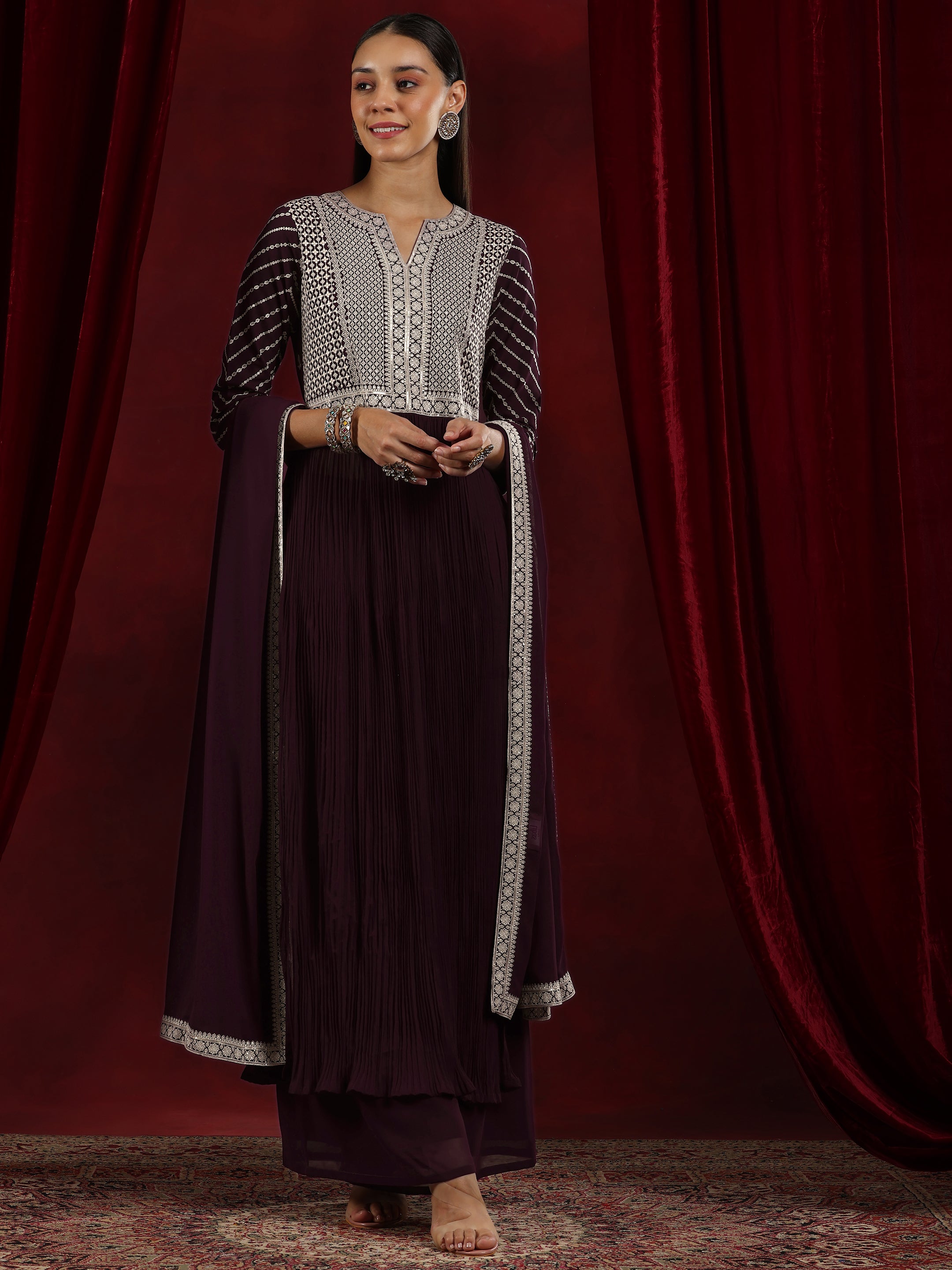 Libas Art Wine Embroidered Georgette A-Line Kurta With Palazzos & Dupatta