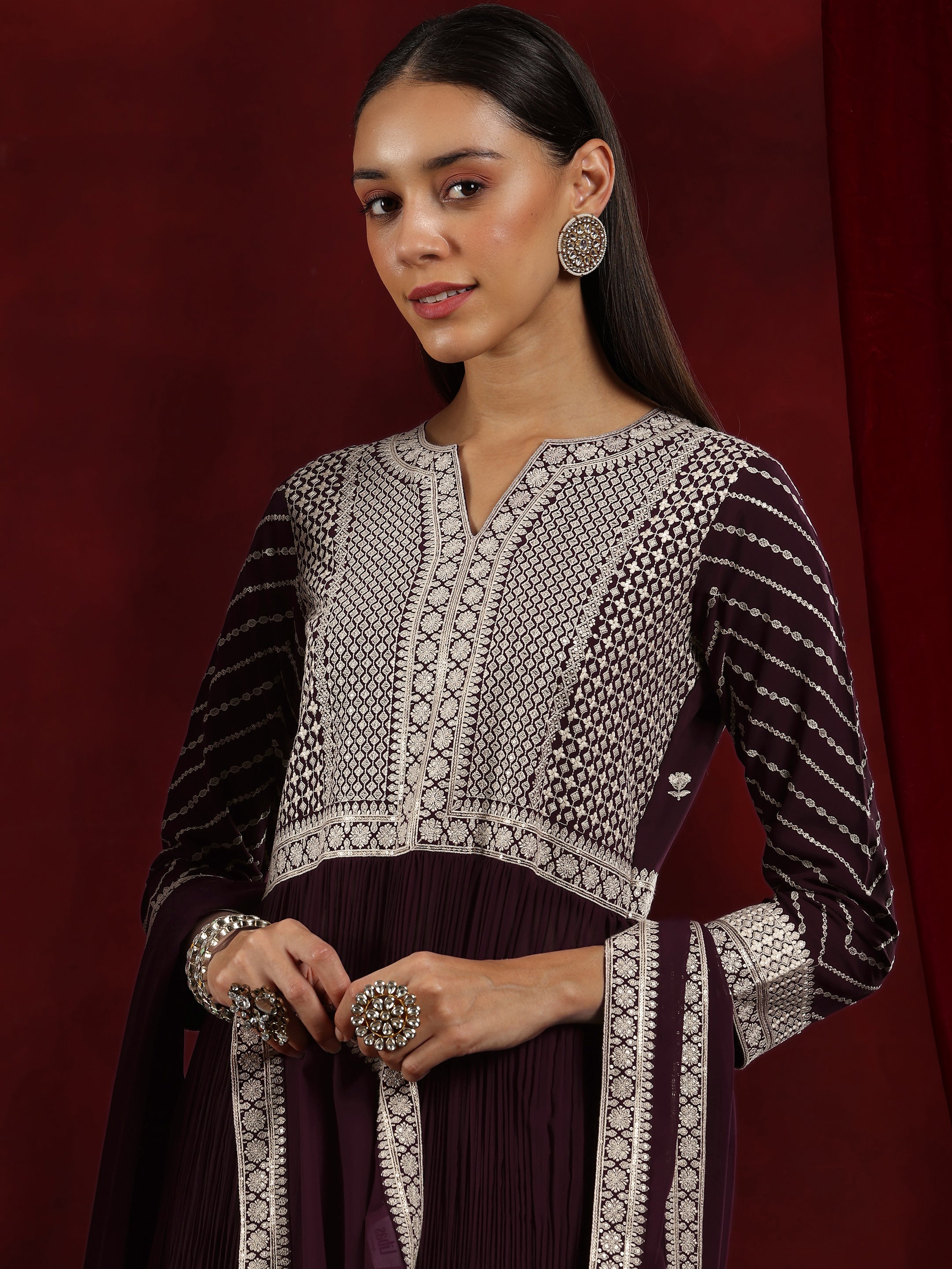 Libas Art Wine Embroidered Georgette A-Line Kurta With Palazzos & Dupatta