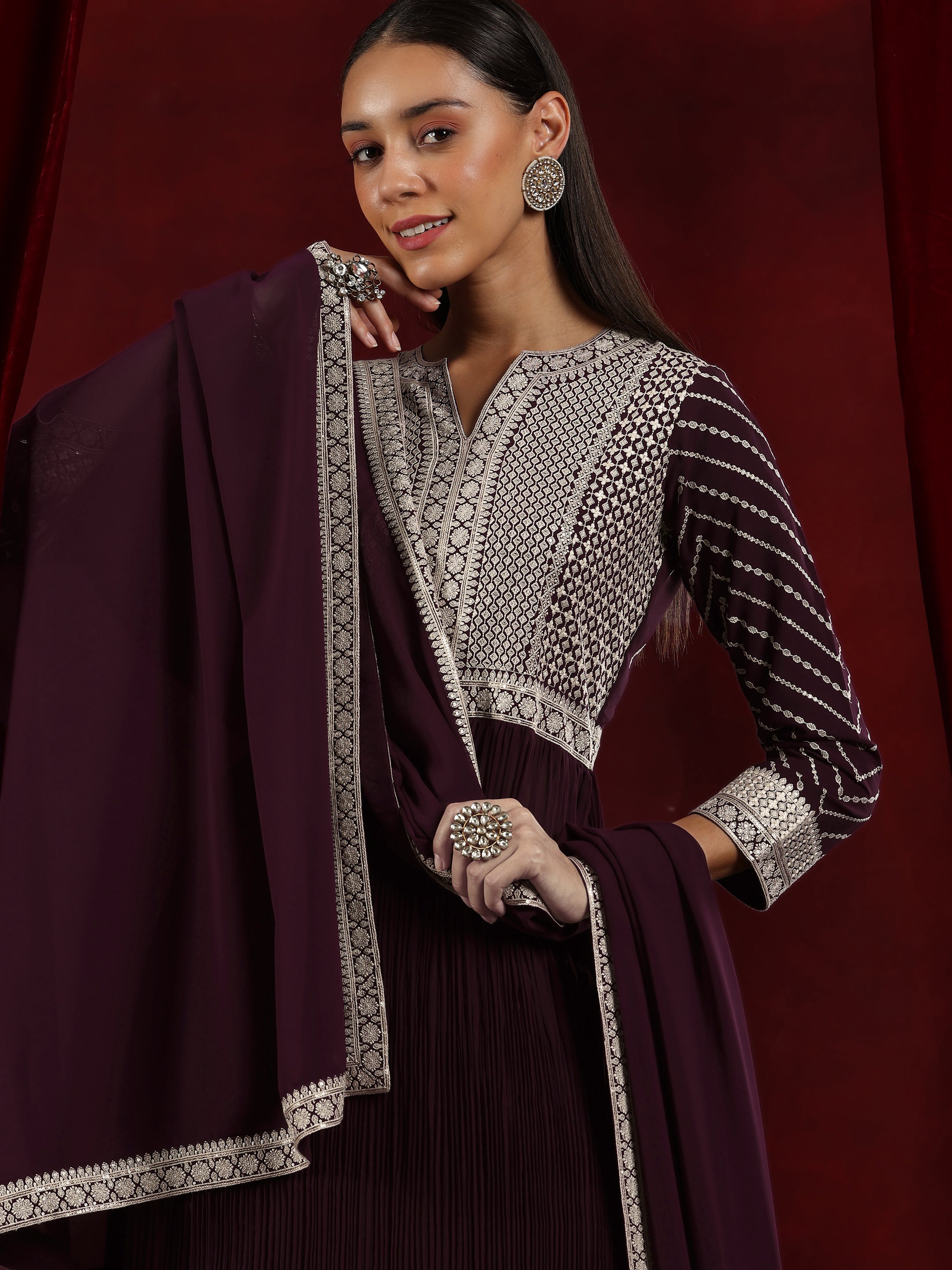 Libas Art Wine Embroidered Georgette A-Line Kurta With Palazzos & Dupatta