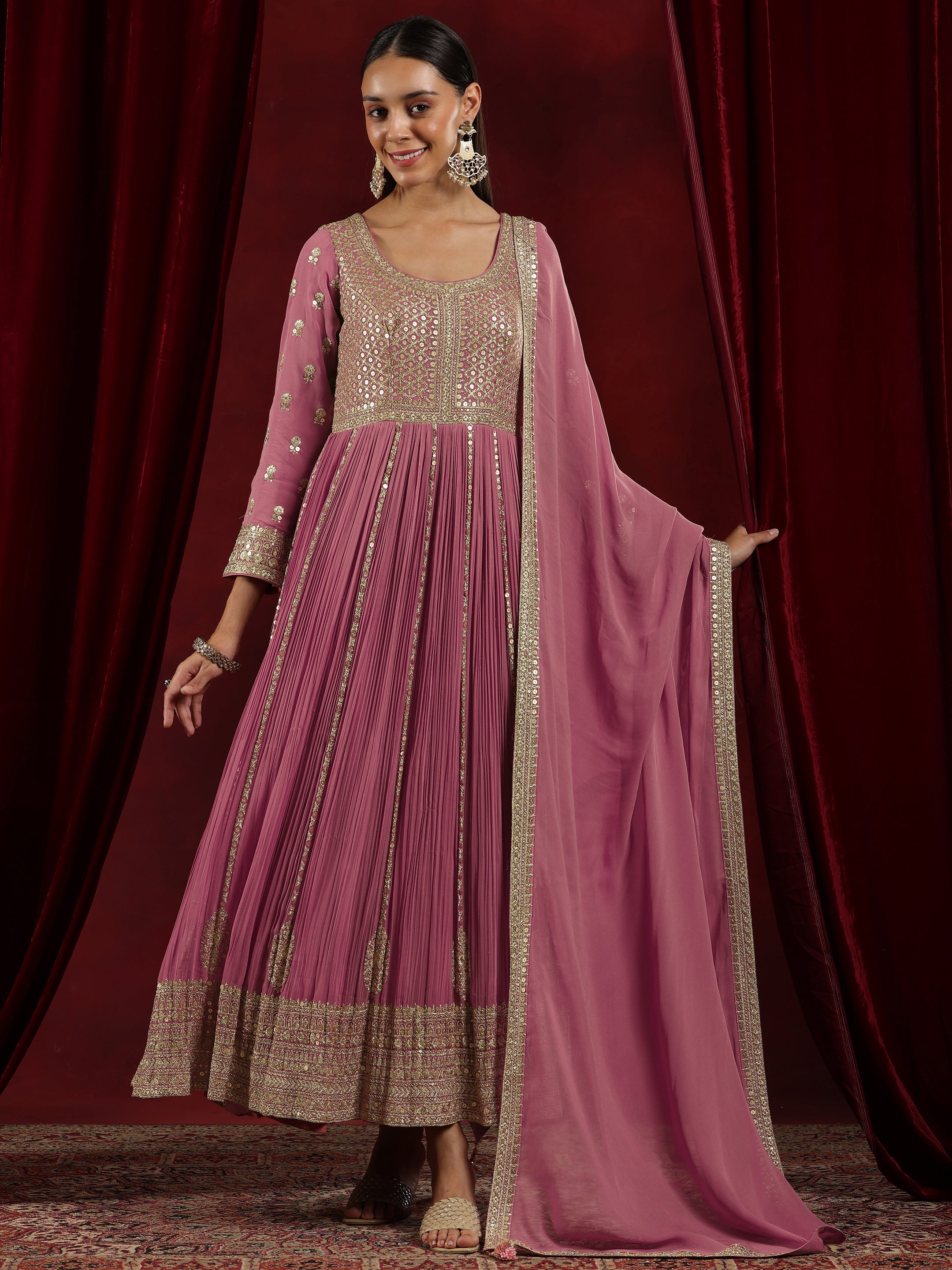 Libas Art Pink Embroidered Georgette A-Line Kurta With Trousers & Dupatta