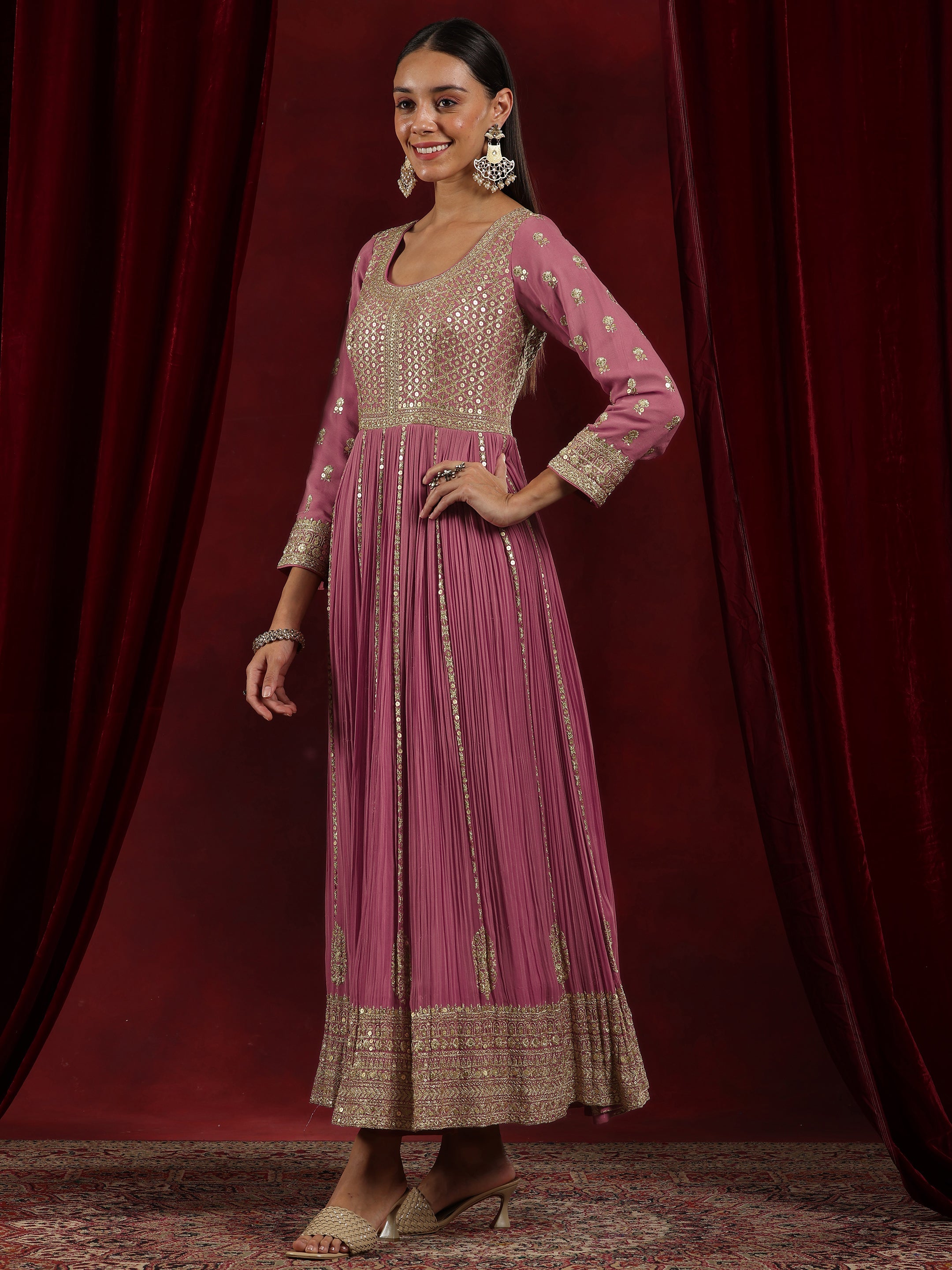 Libas Art Pink Embroidered Georgette A-Line Kurta With Trousers & Dupatta