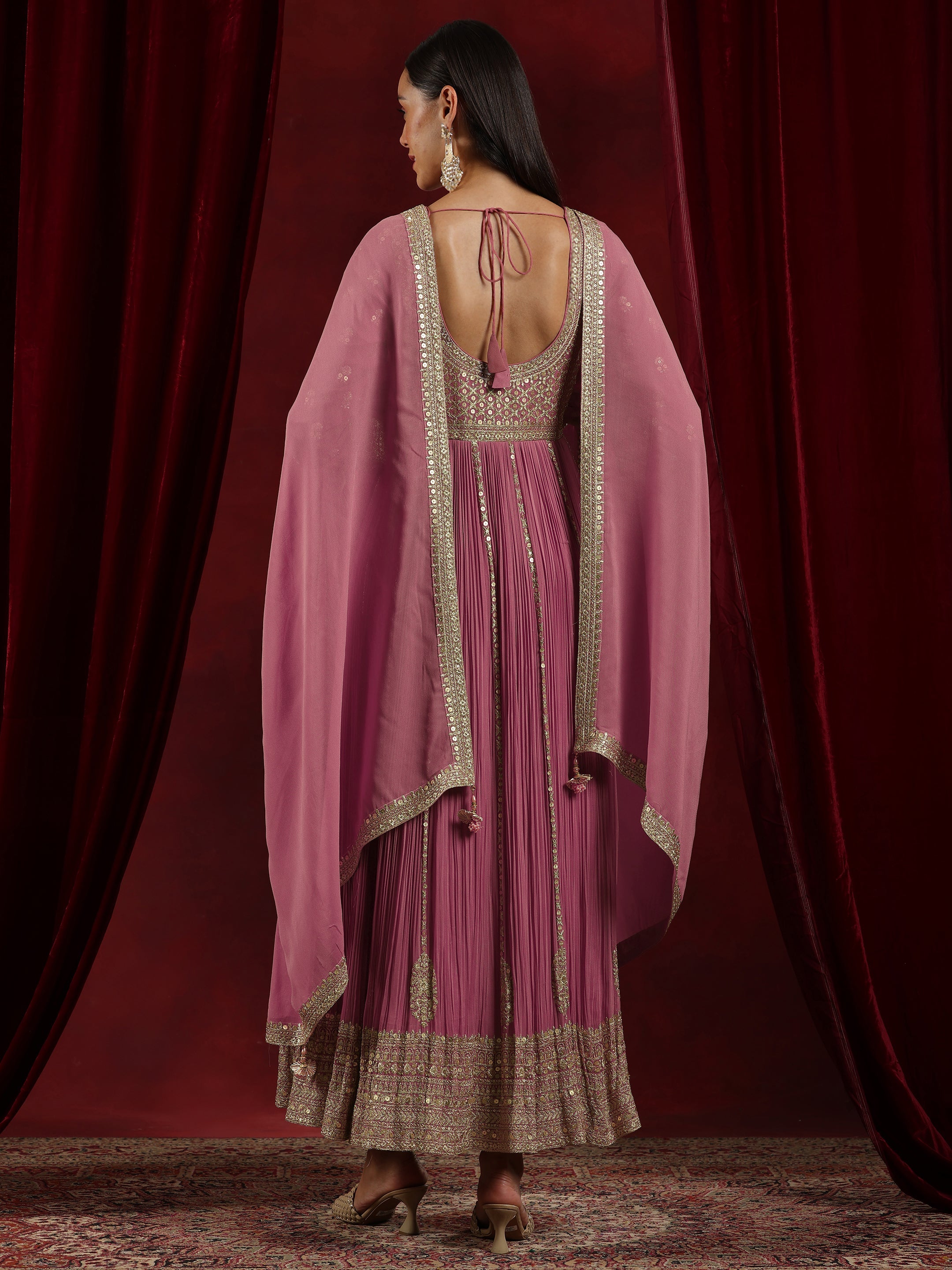 Libas Art Pink Embroidered Georgette A-Line Kurta With Trousers & Dupatta