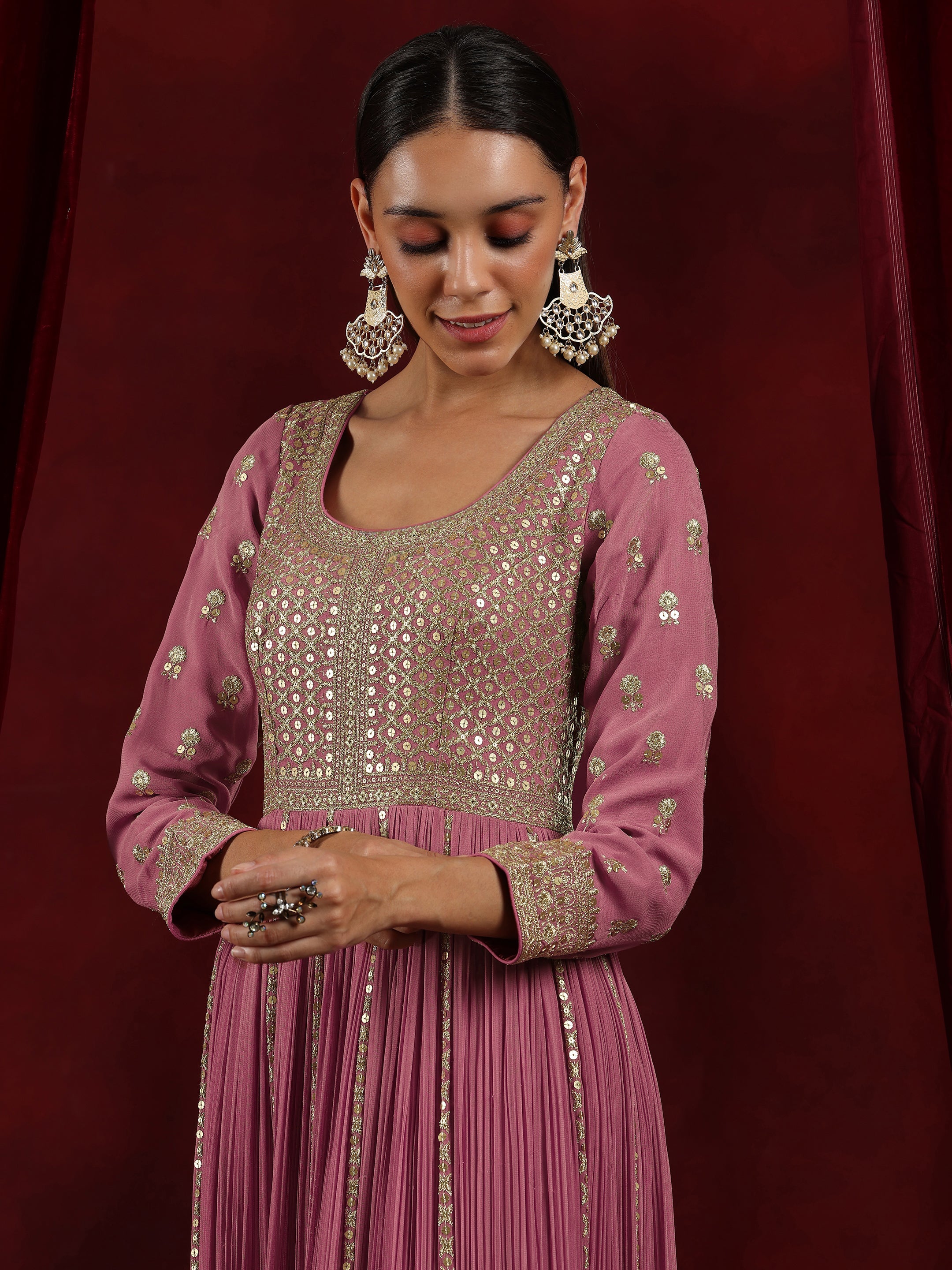 Libas Art Pink Embroidered Georgette A-Line Kurta With Trousers & Dupatta