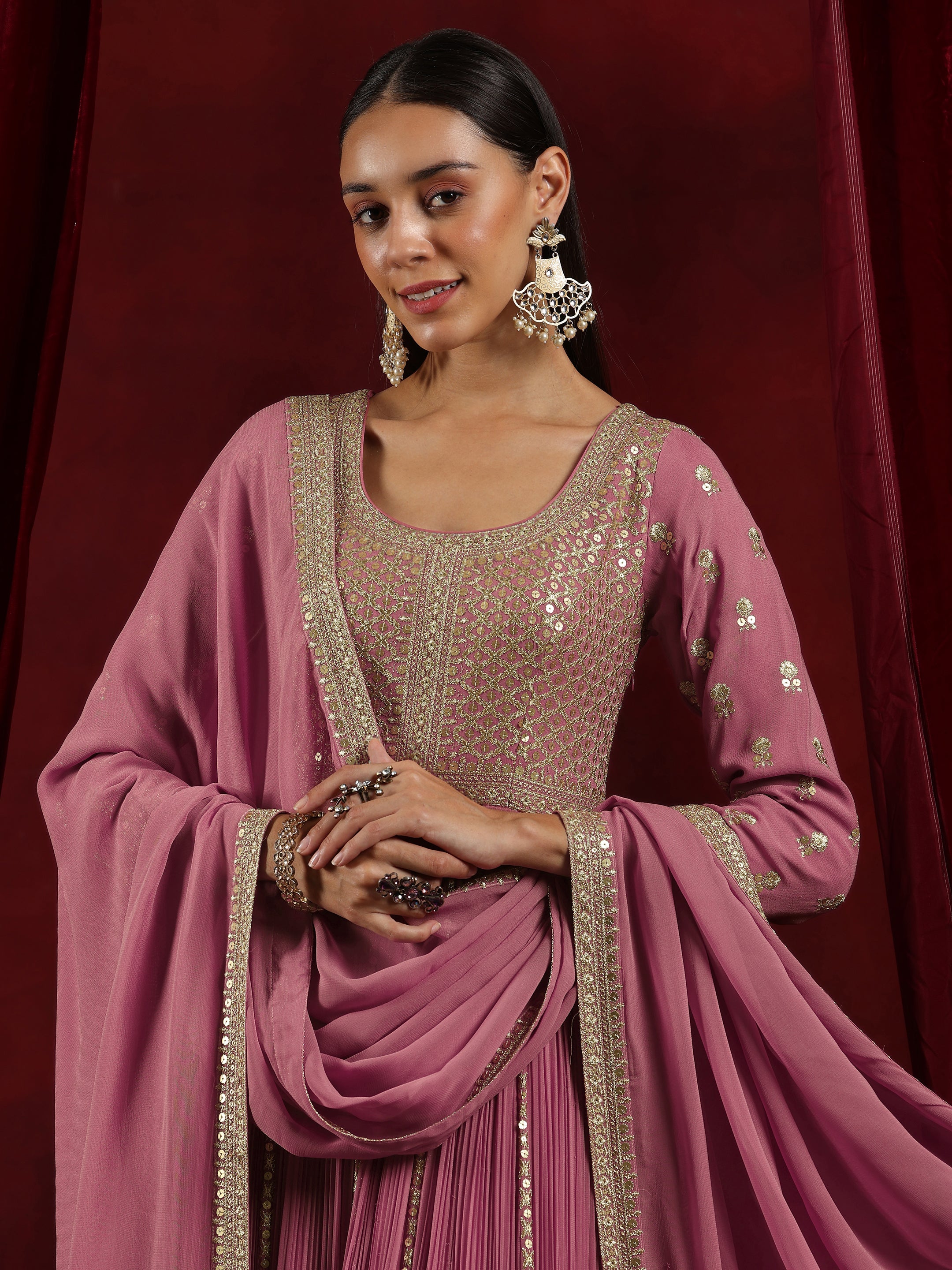 Libas Art Pink Embroidered Georgette A-Line Kurta With Trousers & Dupatta