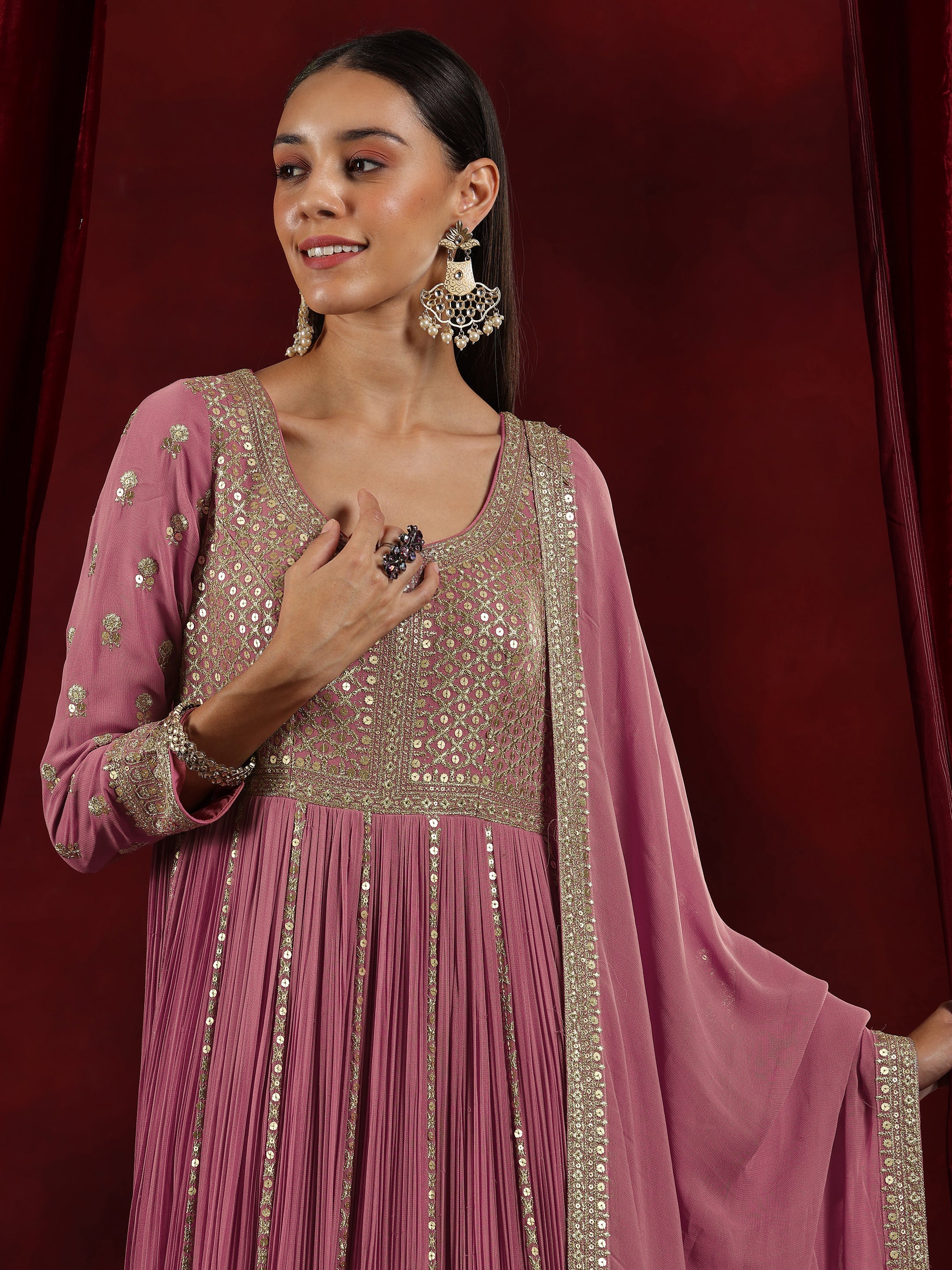 Libas Art Pink Embroidered Georgette A-Line Kurta With Trousers & Dupatta