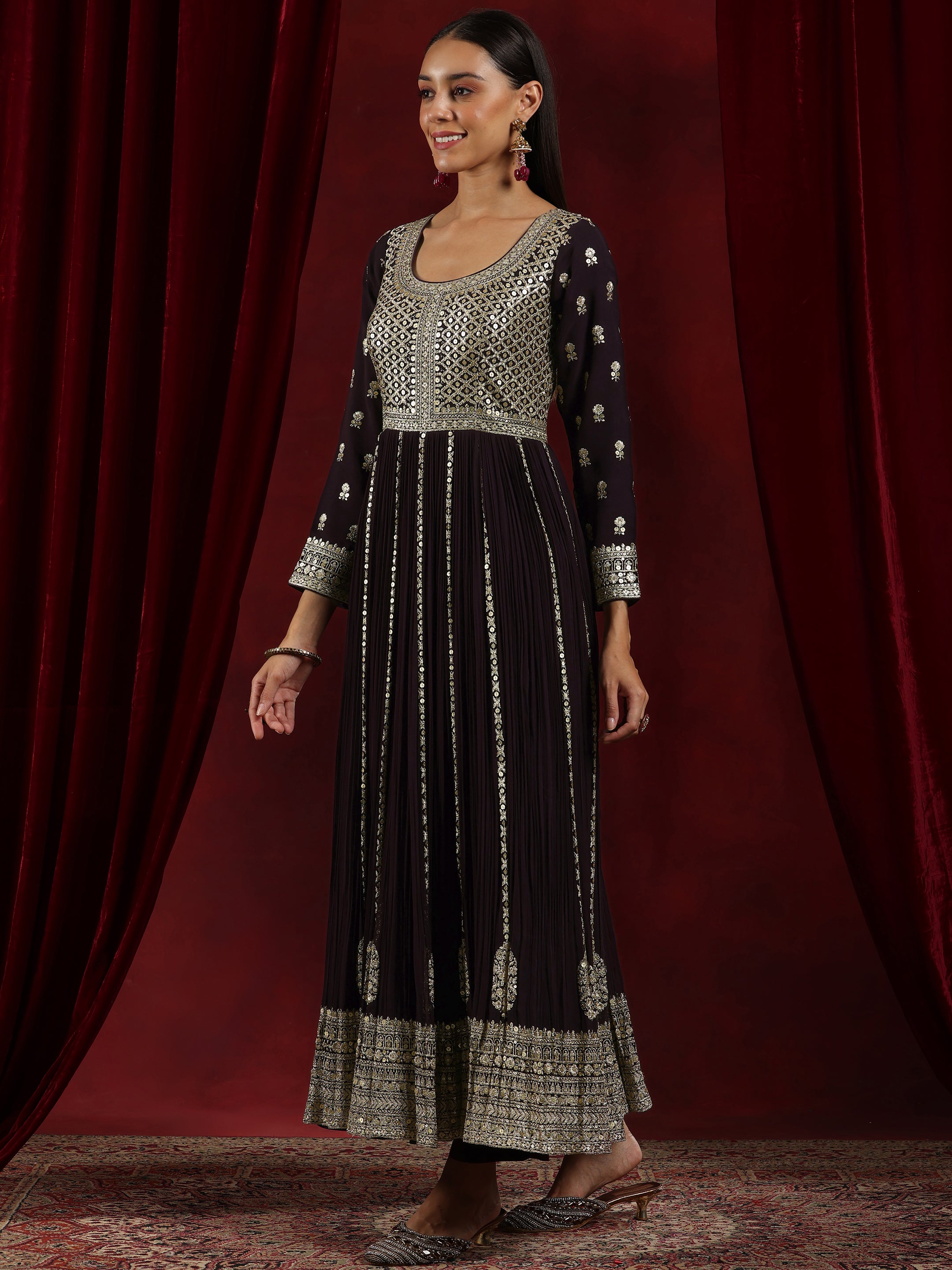 Libas Art Wine Embroidered Georgette A-Line Kurta With Trousers & Dupatta