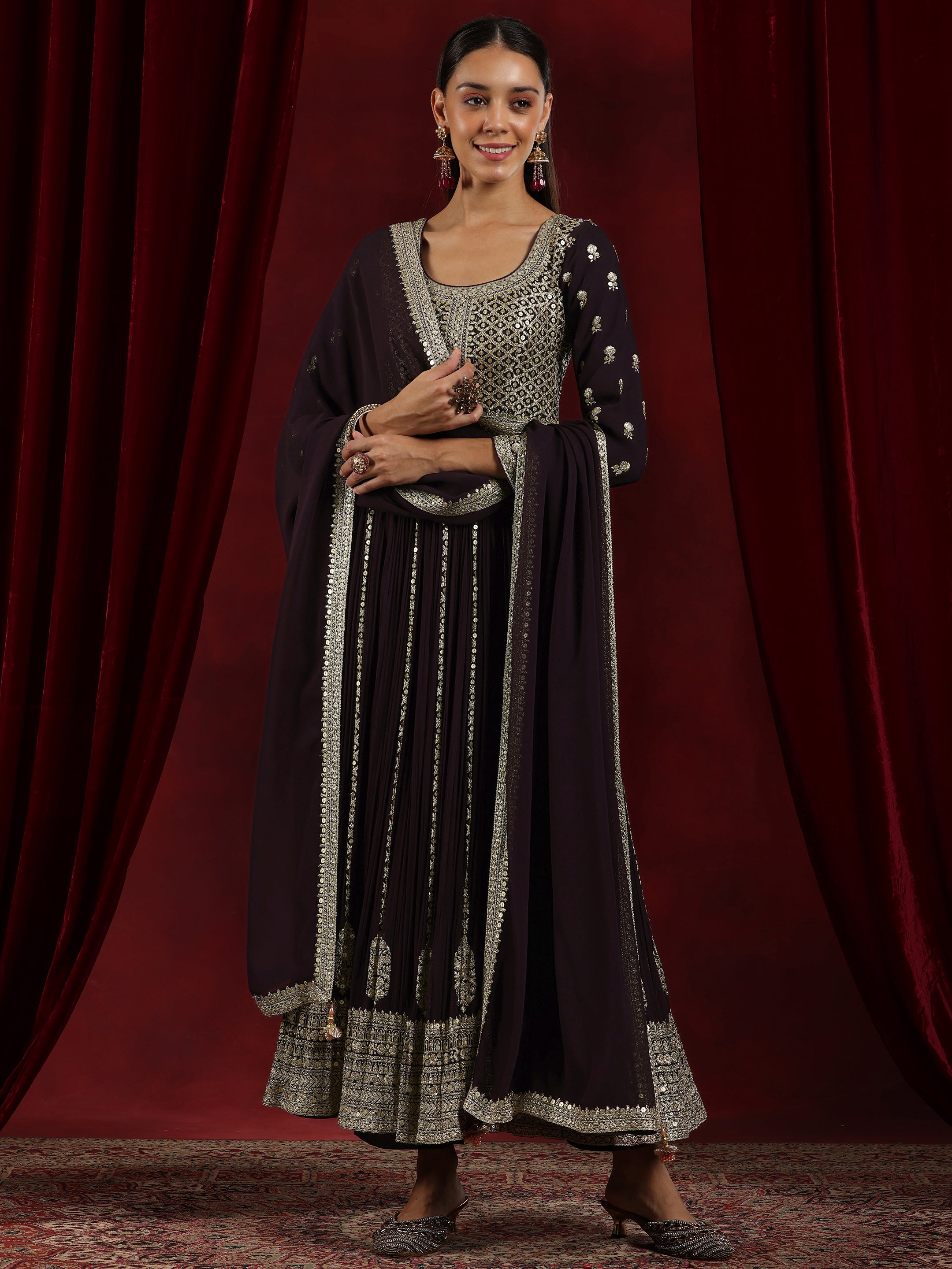 Libas Art Wine Embroidered Georgette A-Line Kurta With Trousers & Dupatta