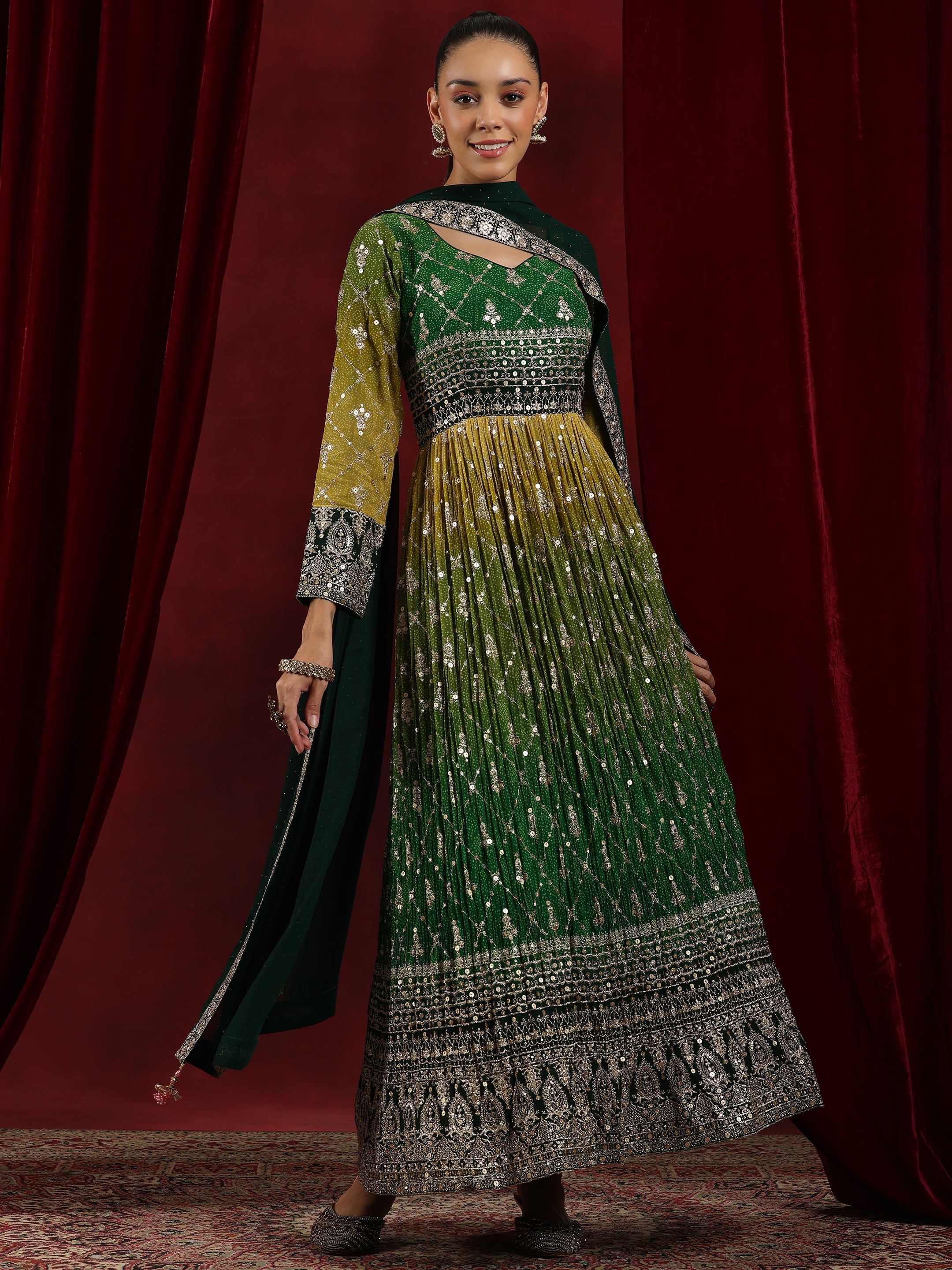 Libas Art Green Printed Georgette A-Line Kurta With Trousers & Dupatta