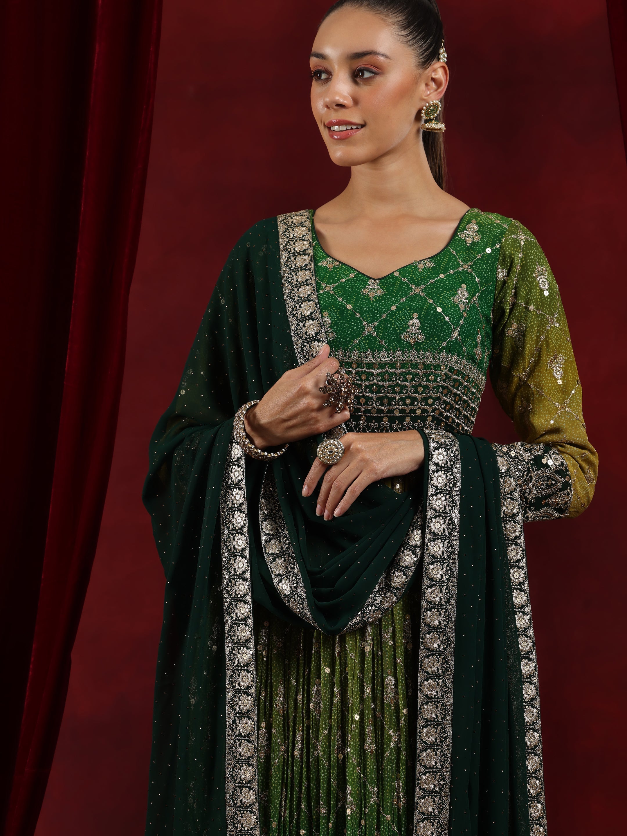 Libas Art Green Printed Georgette A-Line Kurta With Trousers & Dupatta