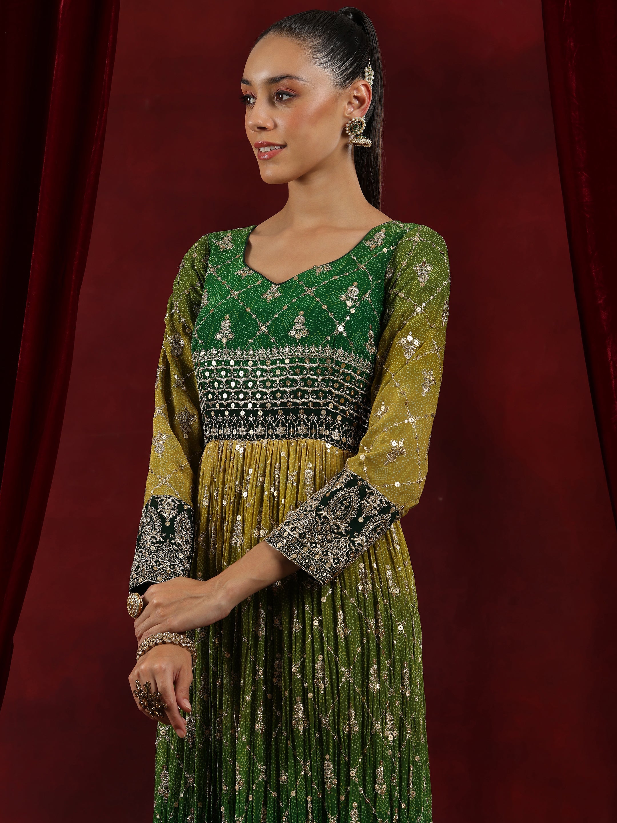 Libas Art Green Printed Georgette A-Line Kurta With Trousers & Dupatta