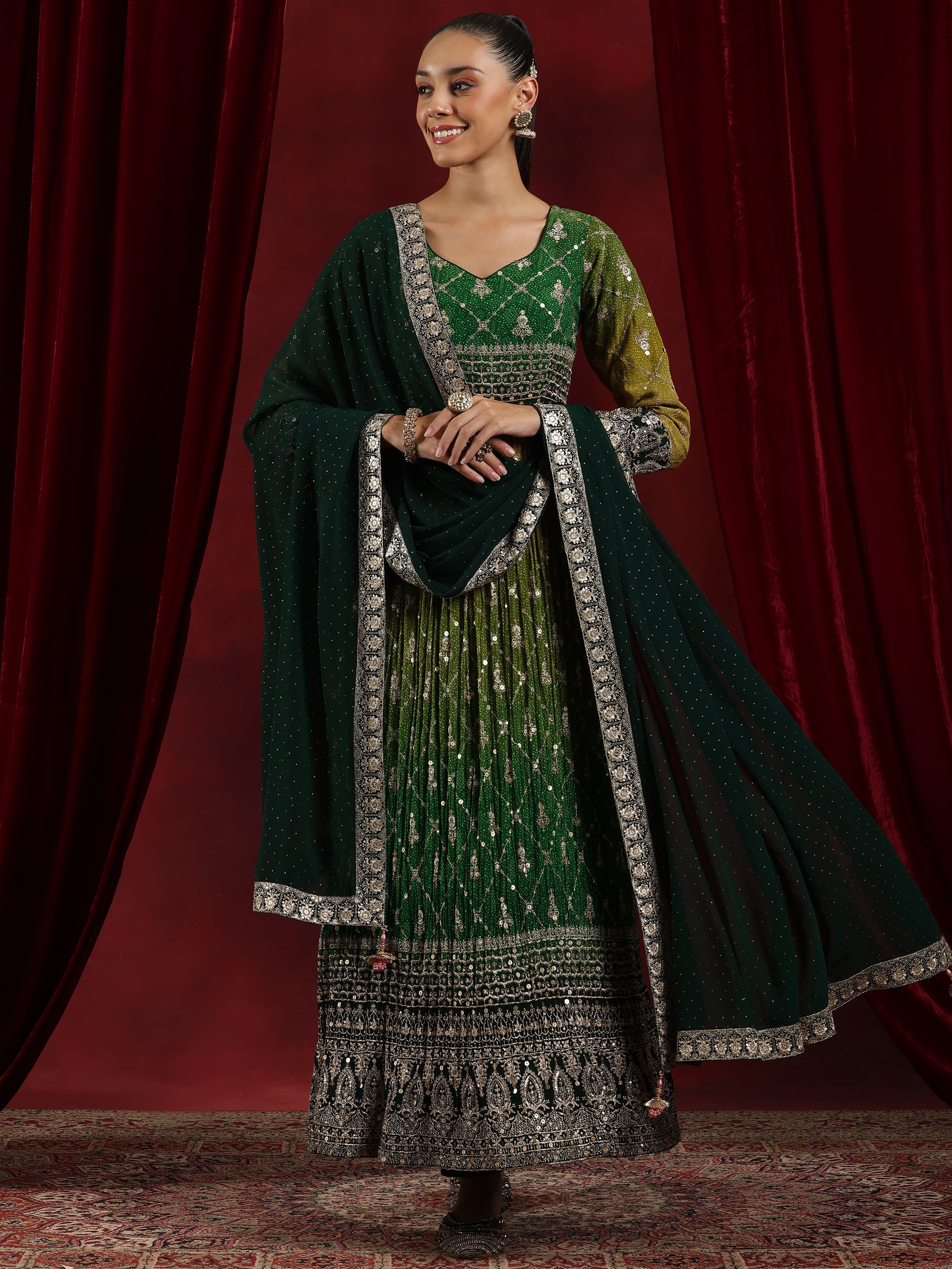 Libas Art Green Printed Georgette A-Line Kurta With Trousers & Dupatta