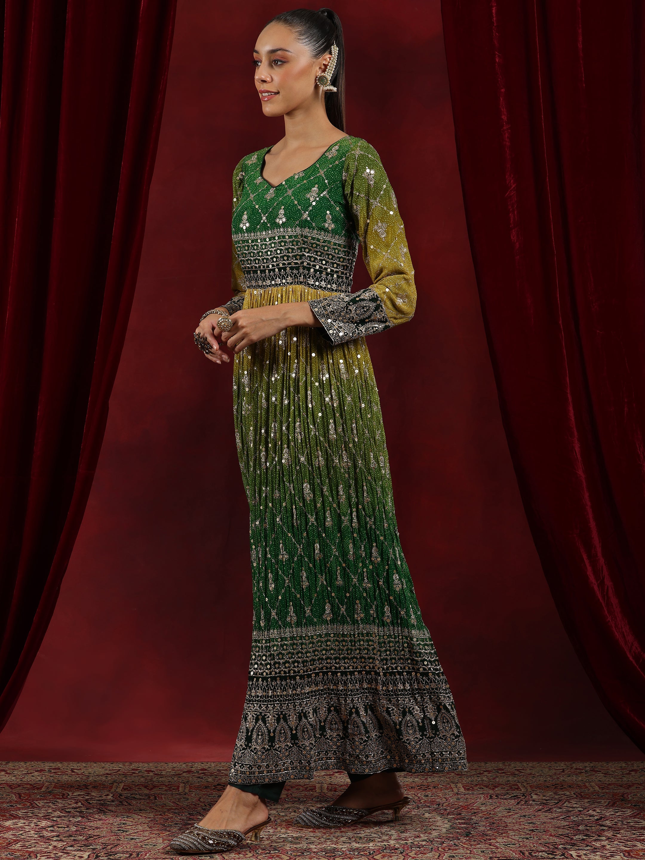 Libas Art Green Printed Georgette A-Line Kurta With Trousers & Dupatta