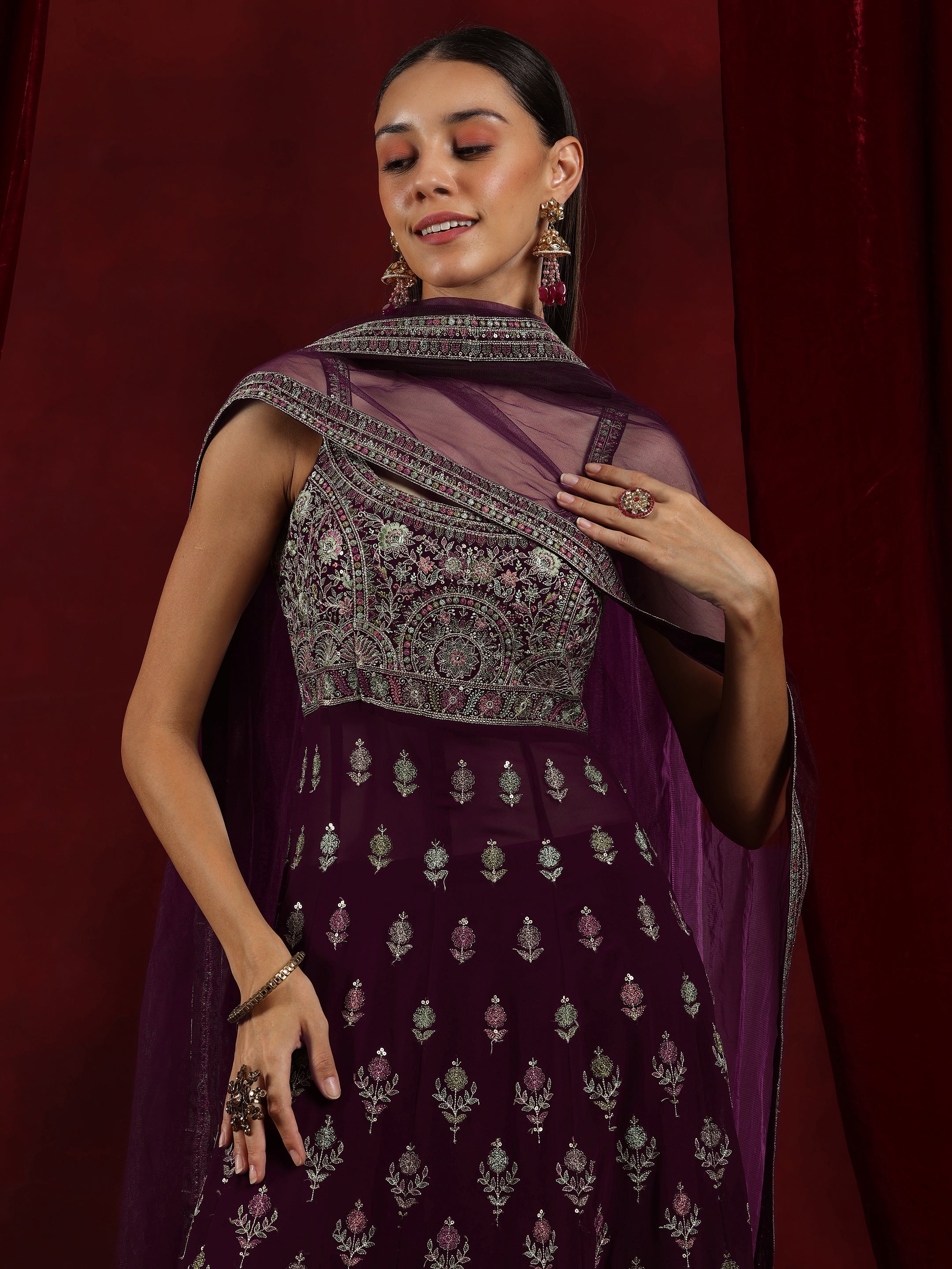 Libas Art Wine Embroidered Georgette A-Line Kurta With Palazzos & Dupatta