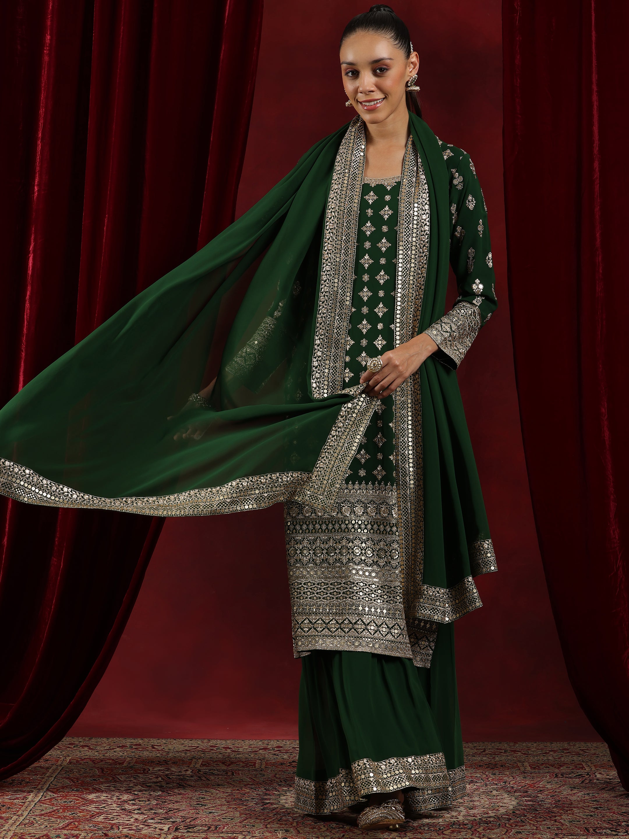 Libas Art Green Embroidered Georgette Straight Suit With Dupatta