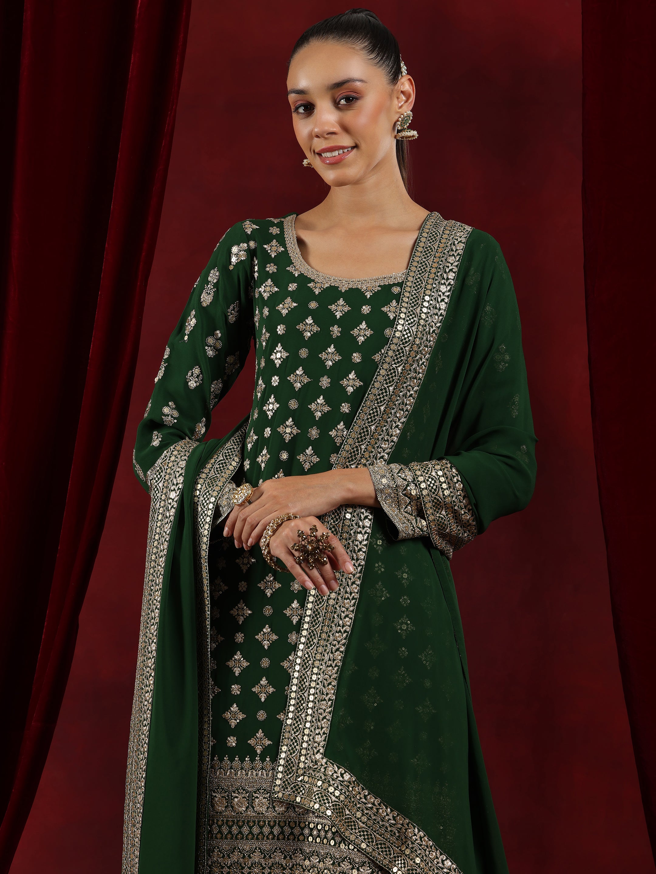 Libas Art Green Embroidered Georgette Straight Suit With Dupatta