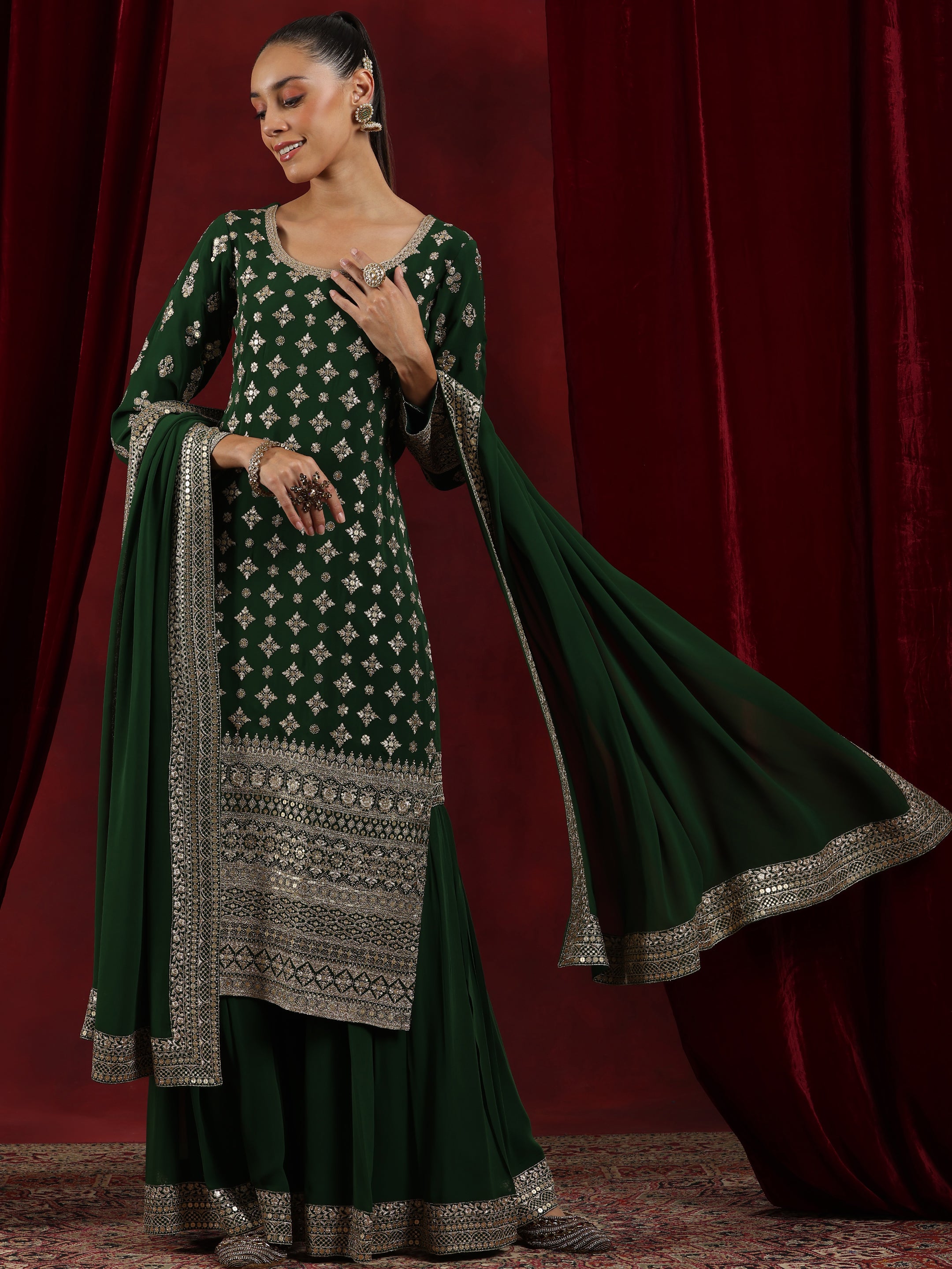 Libas Art Green Embroidered Georgette Straight Suit With Dupatta