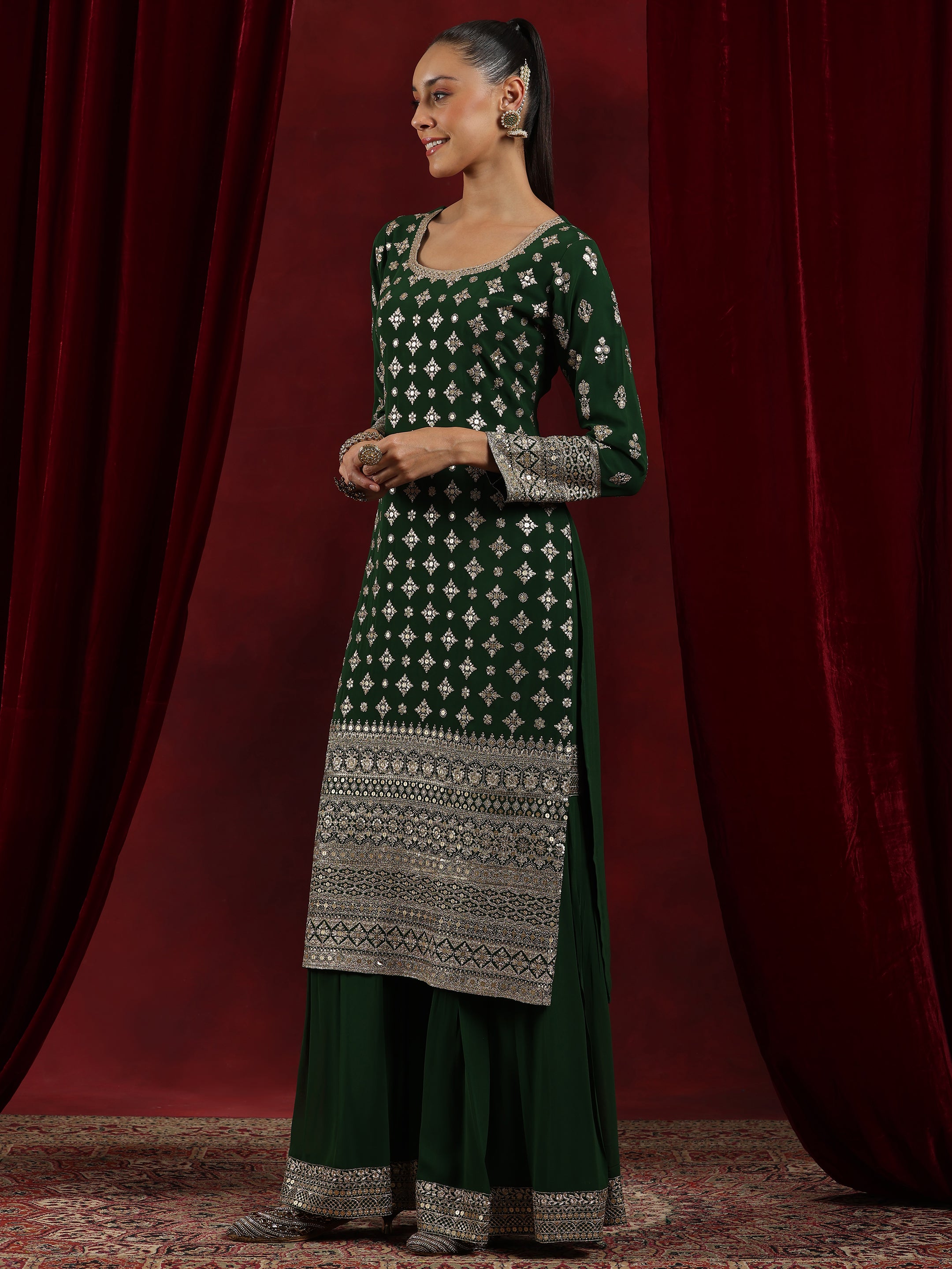 Libas Art Green Embroidered Georgette Straight Suit With Dupatta