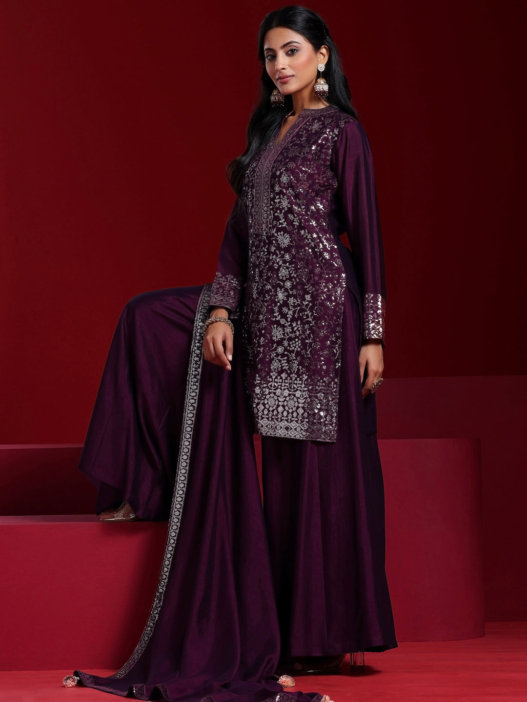 Libas Art Wine Embroidered Silk Blend Straight Suit With Dupatta